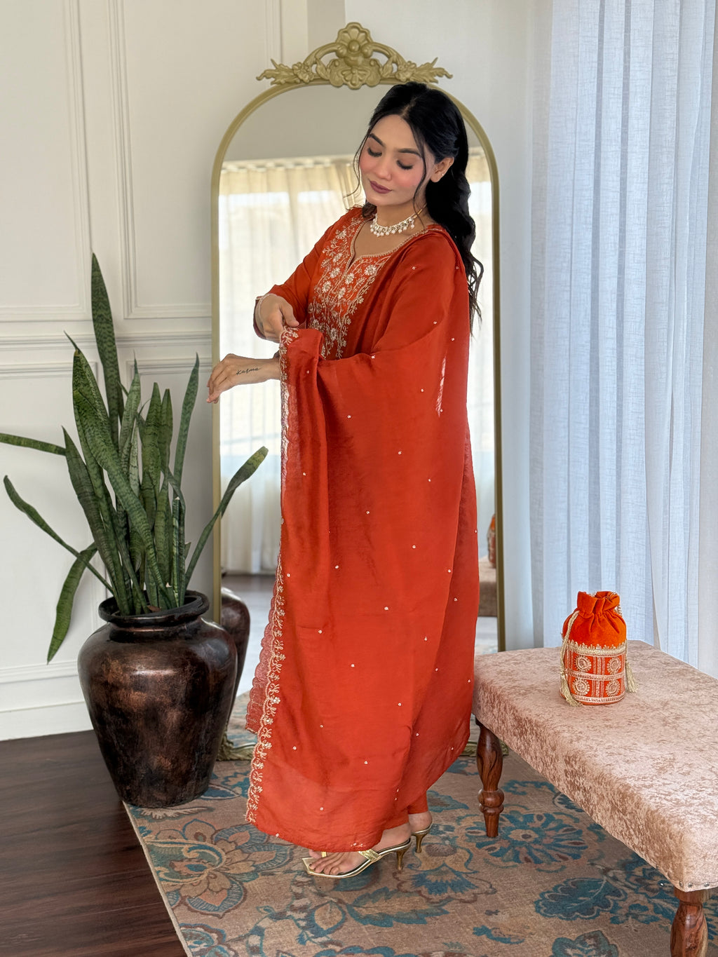 Orange Elegant Viscose Chinon Embroidered Kurta Set with Dupatta