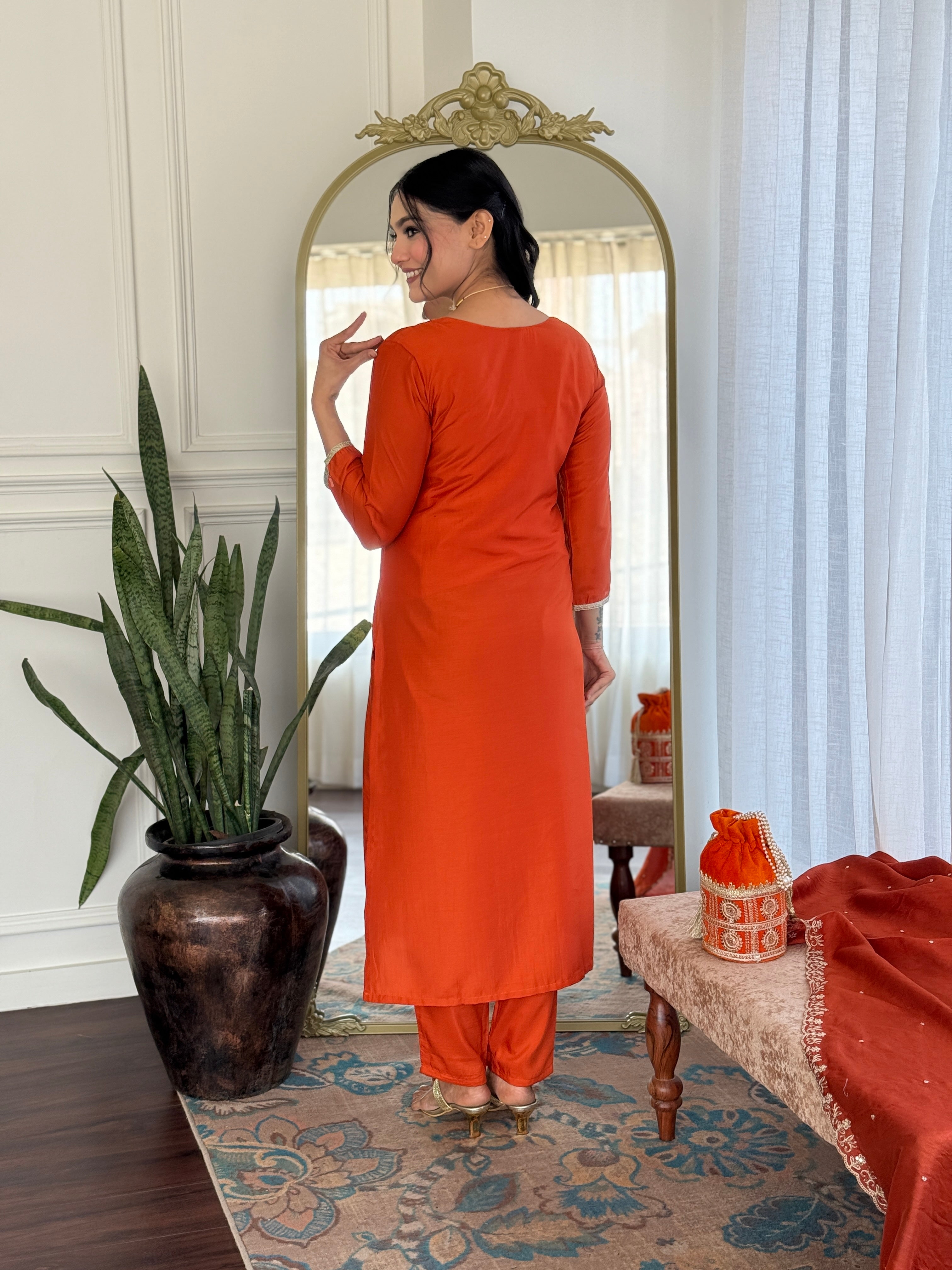 Orange Elegant Viscose Chinon Embroidered Kurta Set with Dupatta