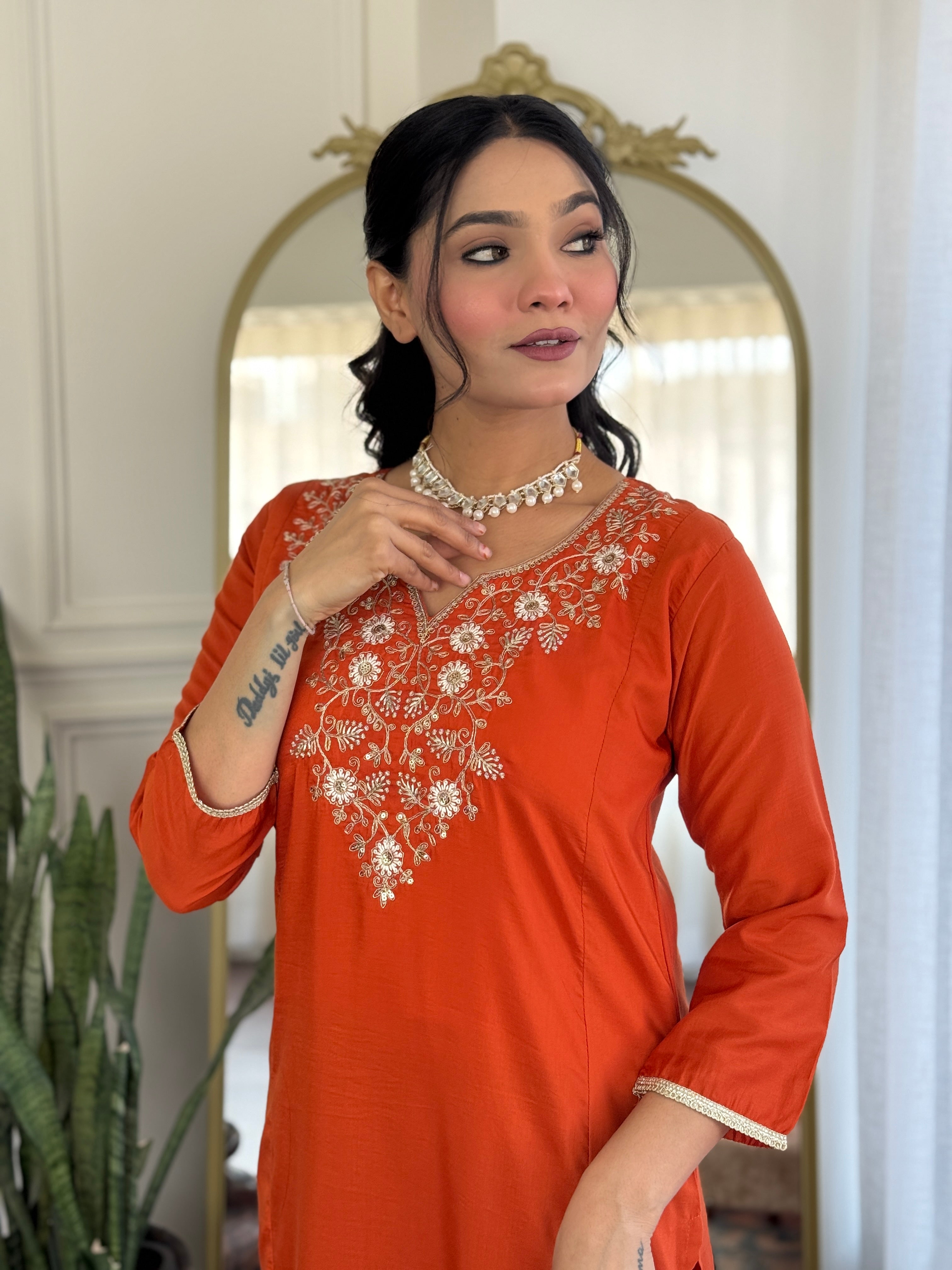 Orange Elegant Viscose Chinon Embroidered Kurta Set with Dupatta