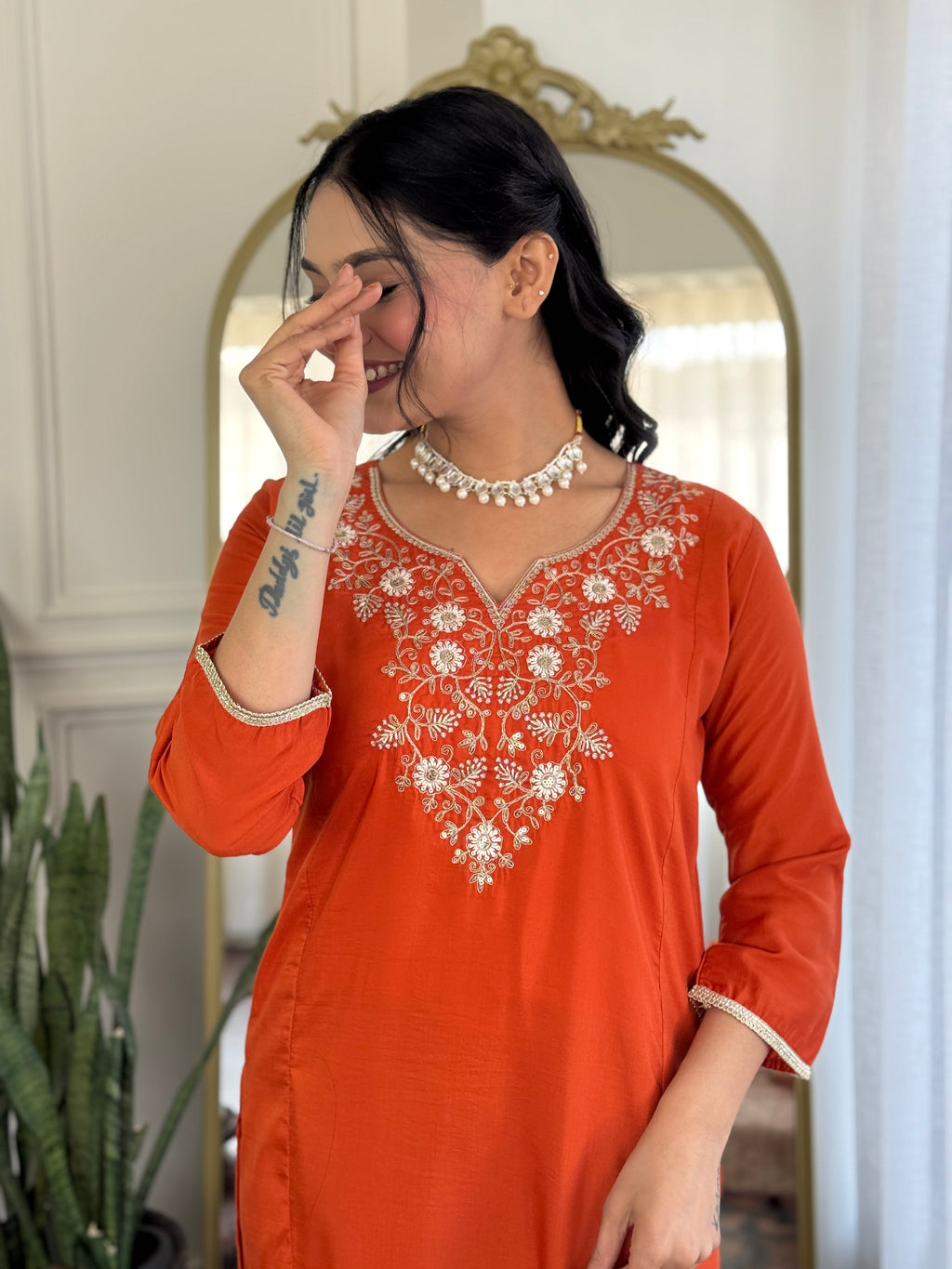 Orange Elegant Viscose Chinon Embroidered Kurta Set with Dupatta