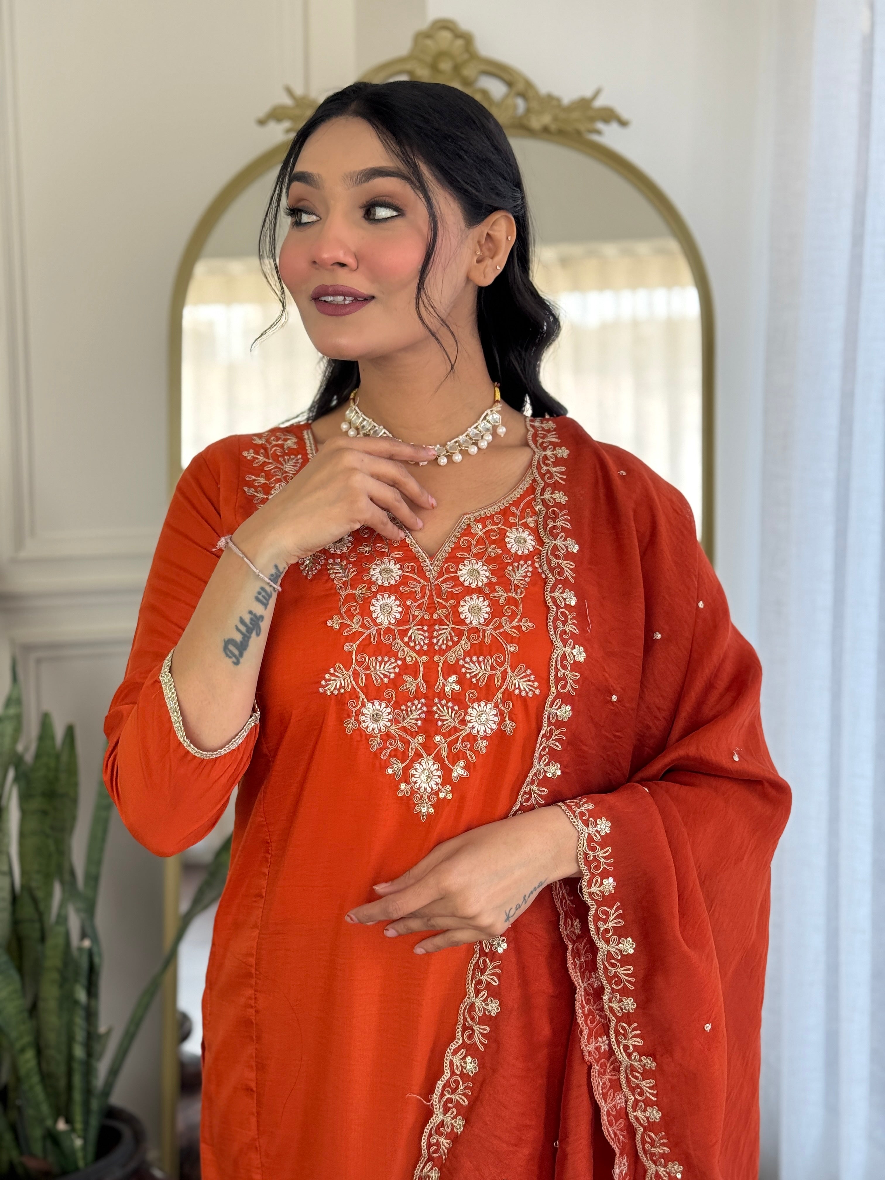 Orange Elegant Viscose Chinon Embroidered Kurta Set with Dupatta