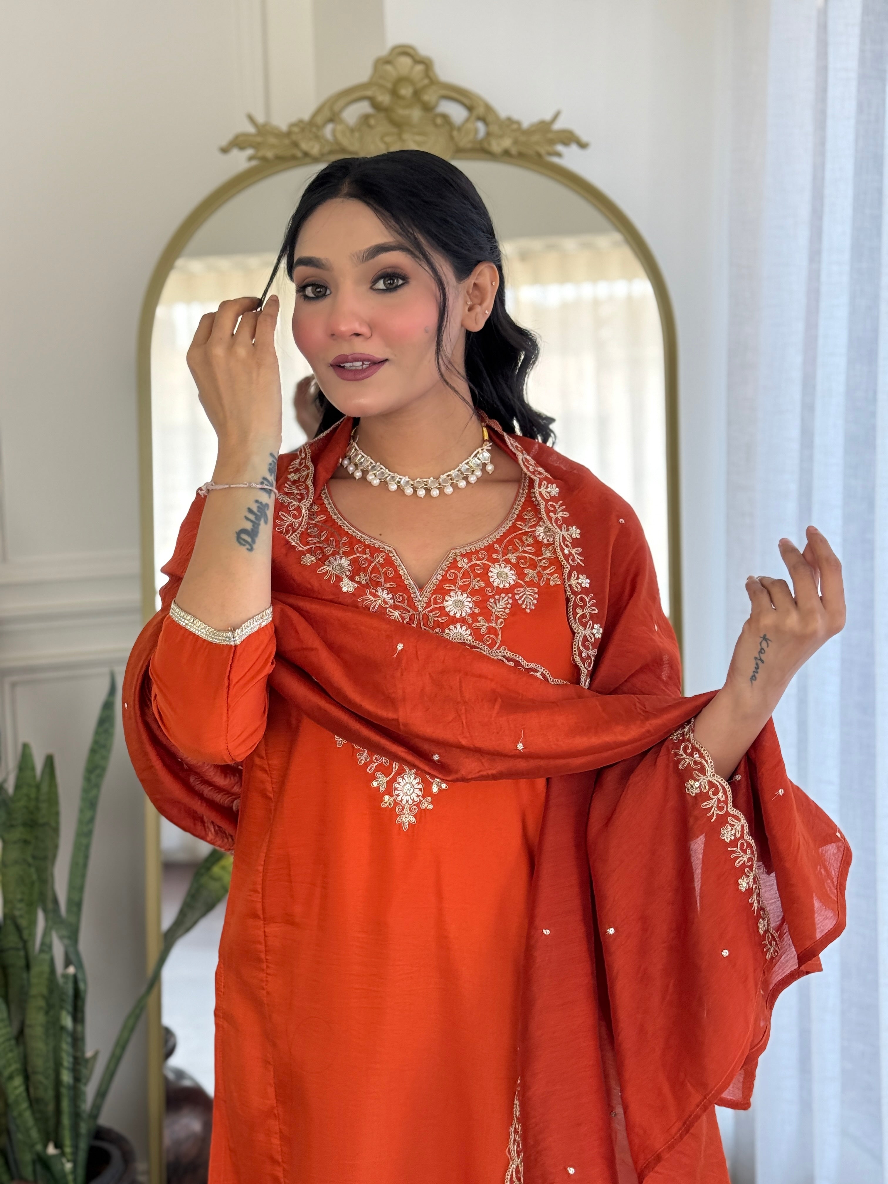 Orange Elegant Viscose Chinon Embroidered Kurta Set with Dupatta