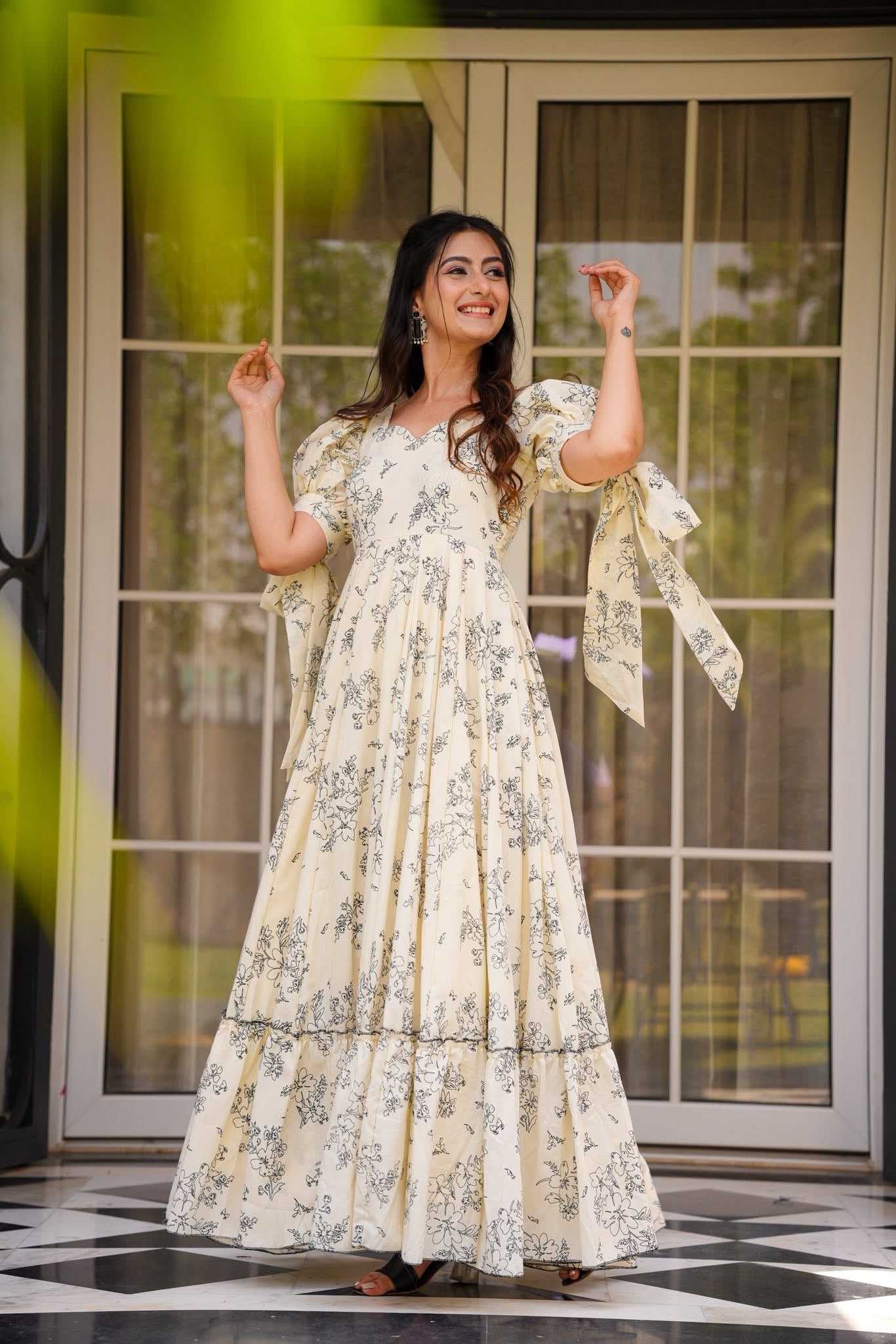 Cream Poly Rayon Readymade Western Gown