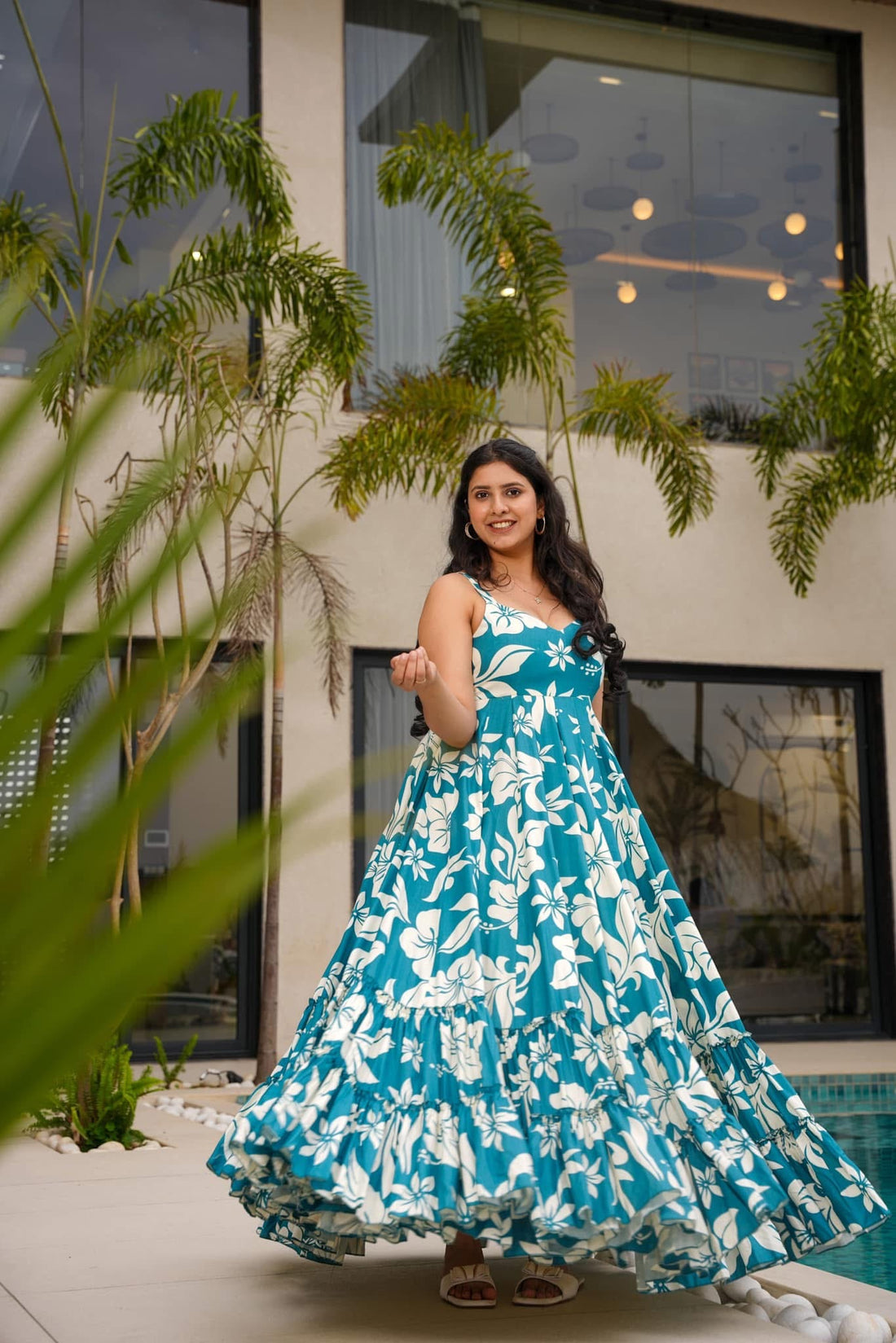Teal Blue Poly Rayon Readymade Western Gown