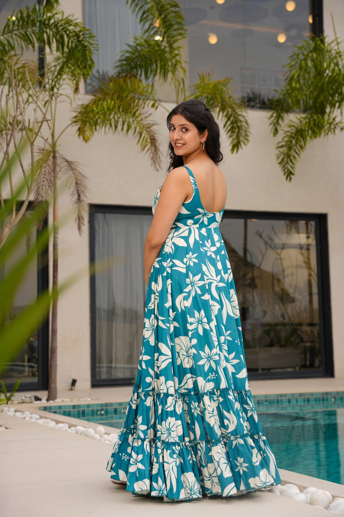 Teal Blue Poly Rayon Readymade Western Gown