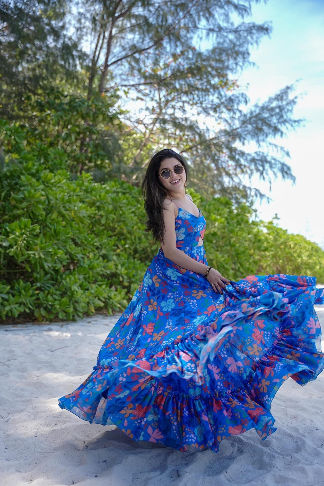 Blue Floral Poly Rayon Readymade Western Gown