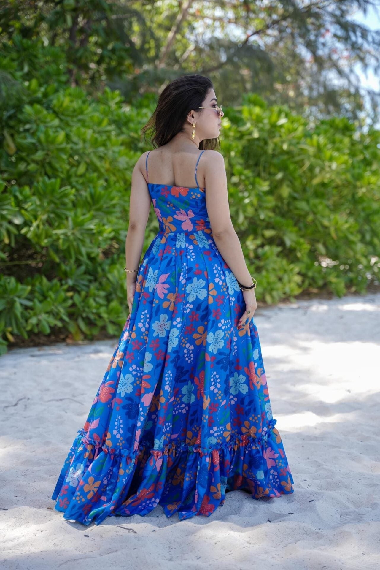 Blue Floral Poly Rayon Readymade Western Gown