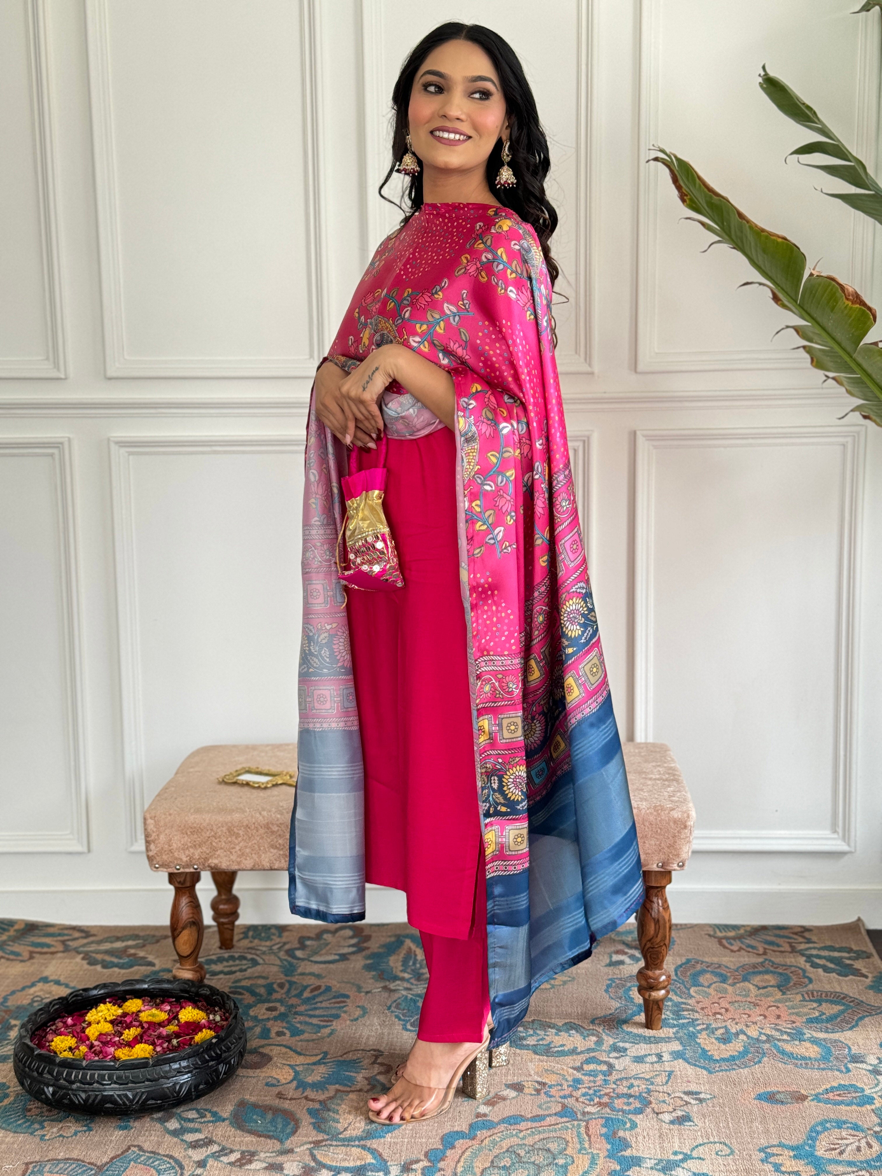 Pink Premium Viscose Slik Embroidered Kurta Set with Dupatta