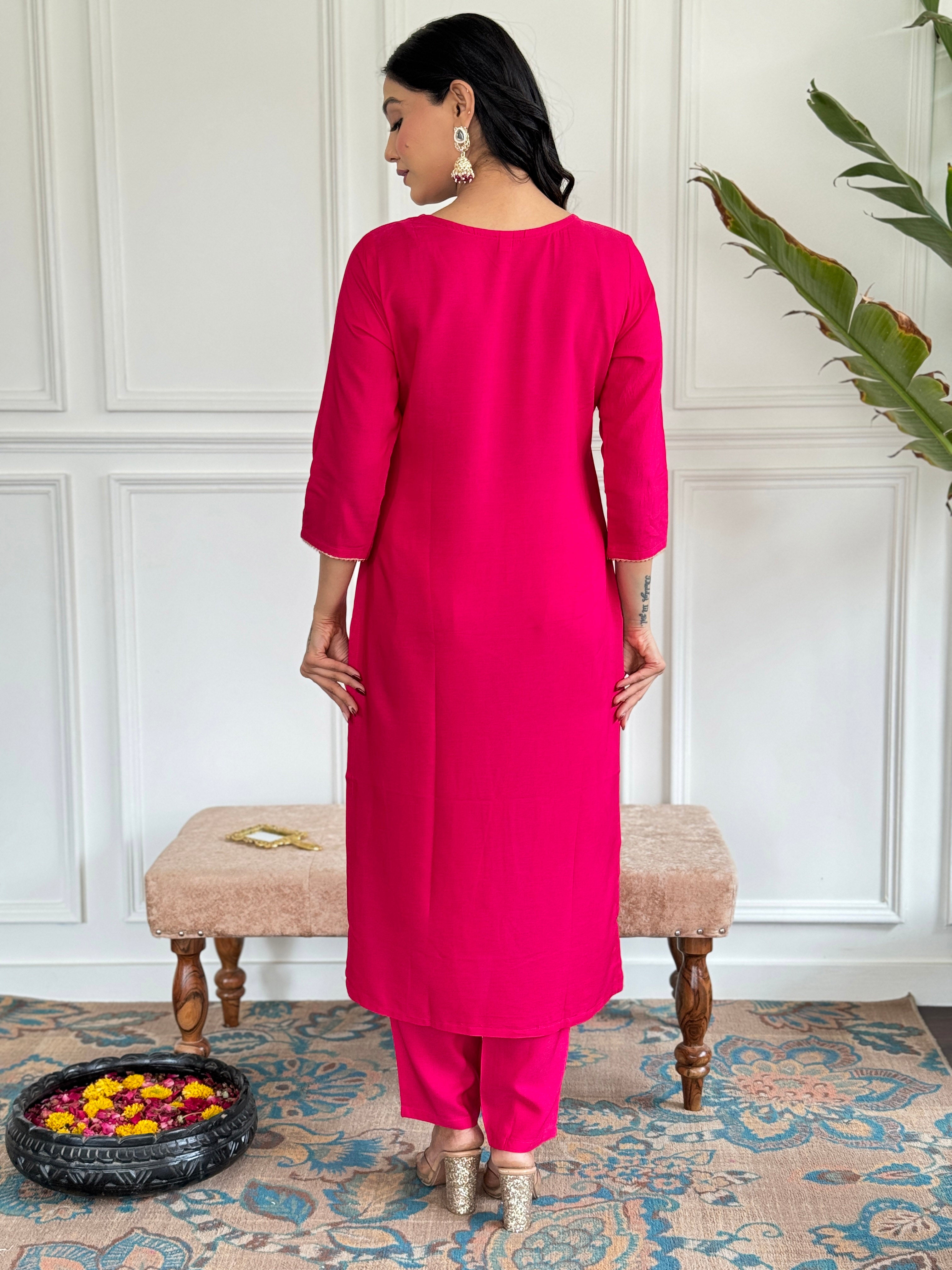 Pink Premium Viscose Slik Embroidered Kurta Set with Dupatta