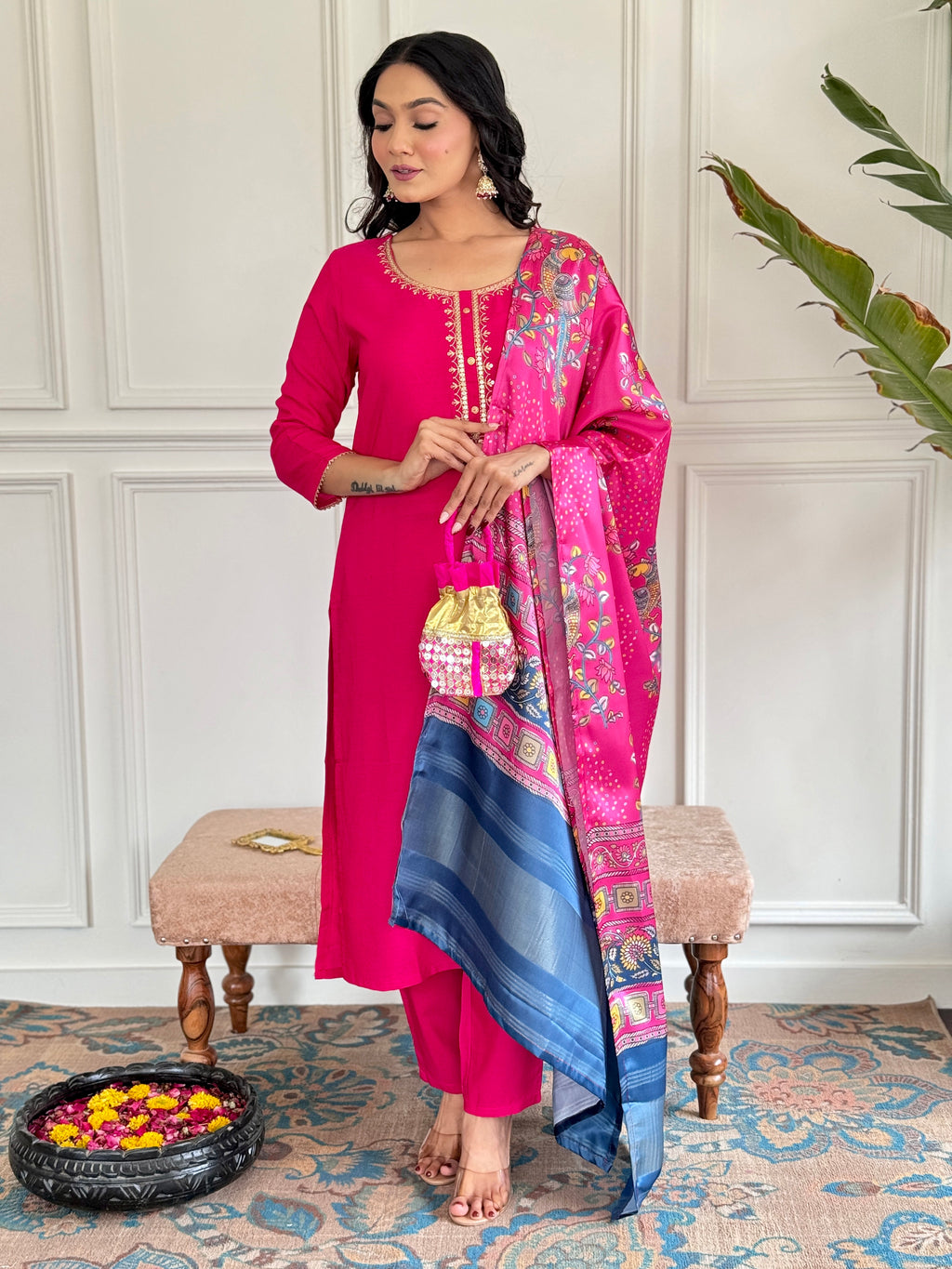 Pink Premium Viscose Slik Embroidered Kurta Set with Dupatta