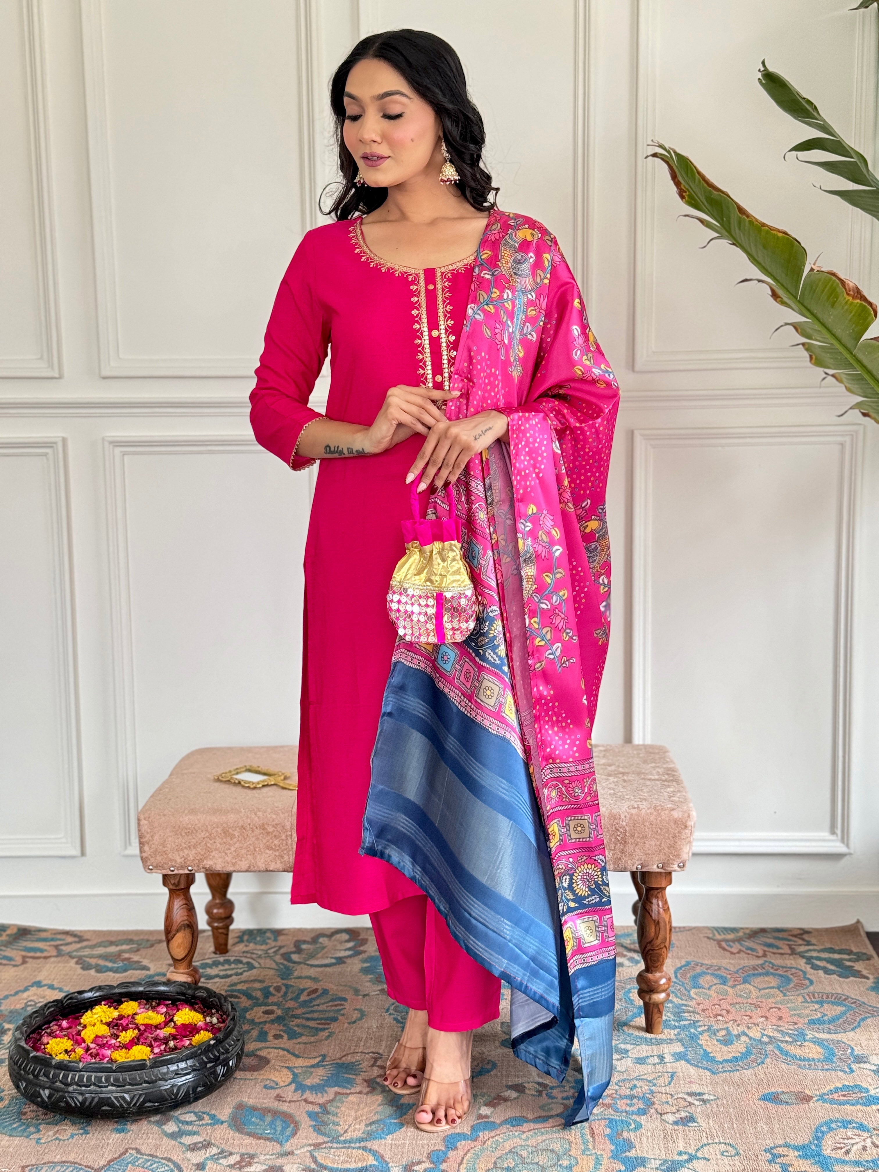 Pink Premium Viscose Slik Embroidered Kurta Set with Dupatta
