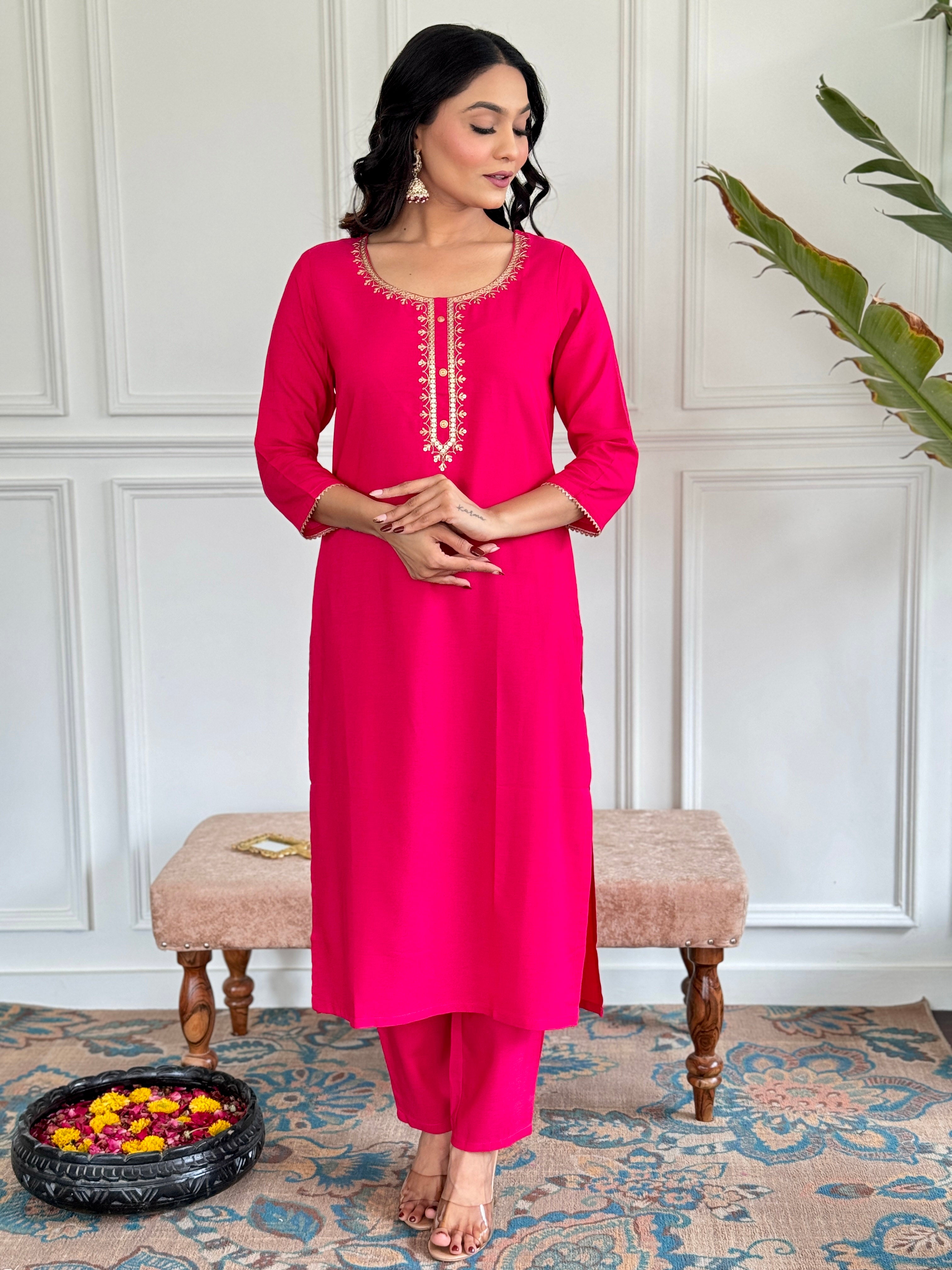 Pink Premium Viscose Slik Embroidered Kurta Set with Dupatta