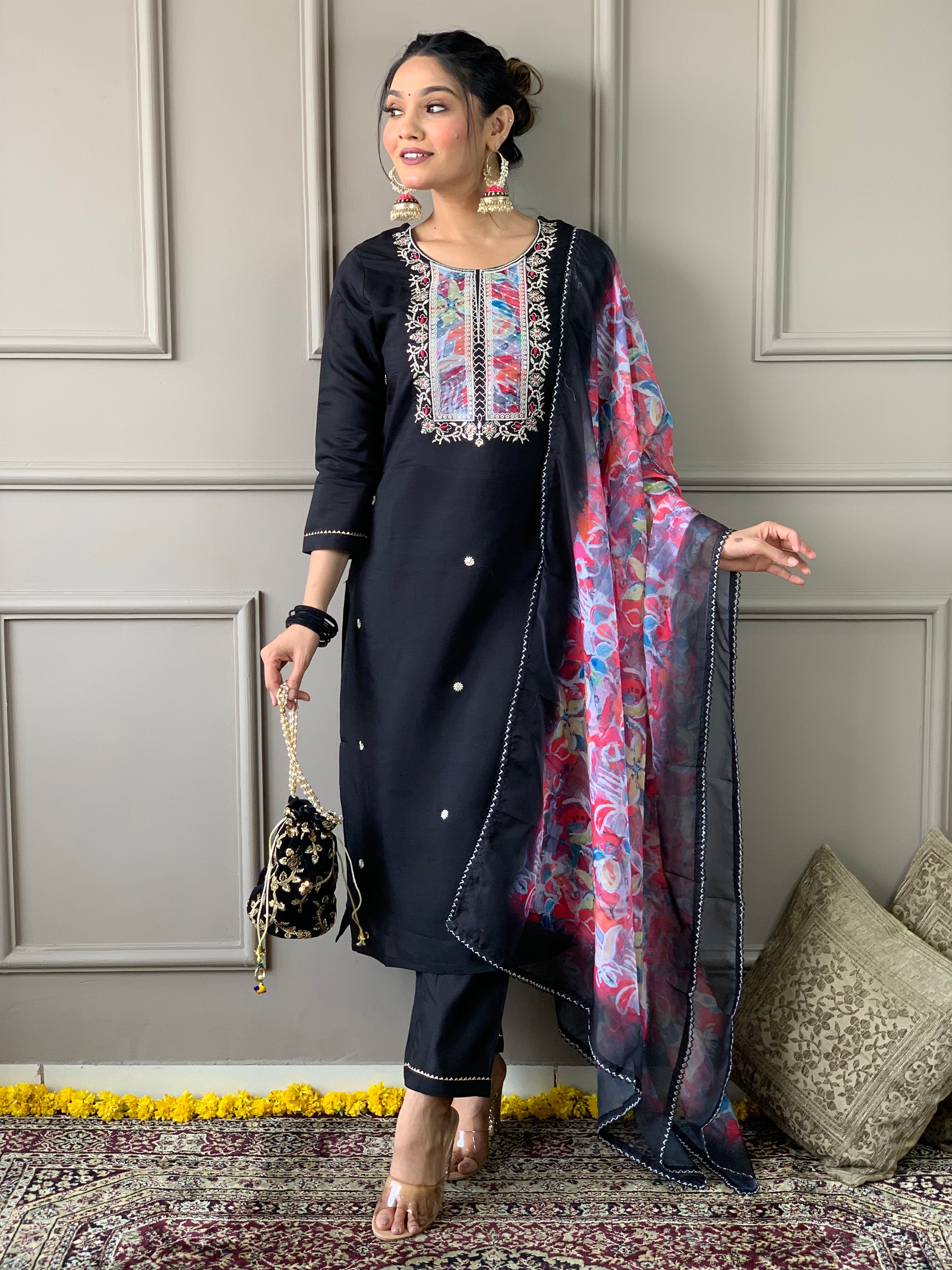 Black Premium Rayon Slub Embroidered Kurta Set with Dupatta