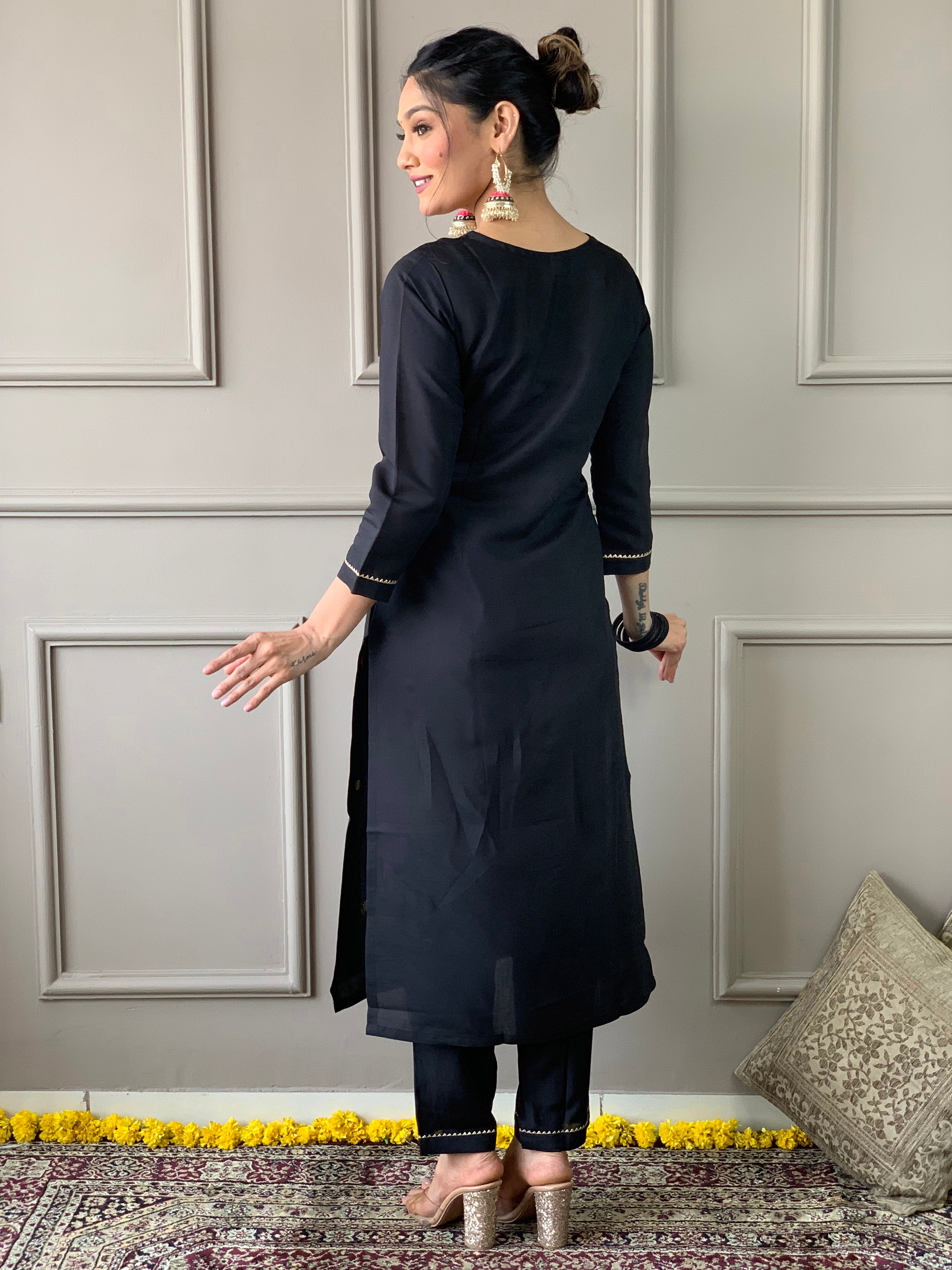 Black Premium Rayon Slub Embroidered Kurta Set with Dupatta