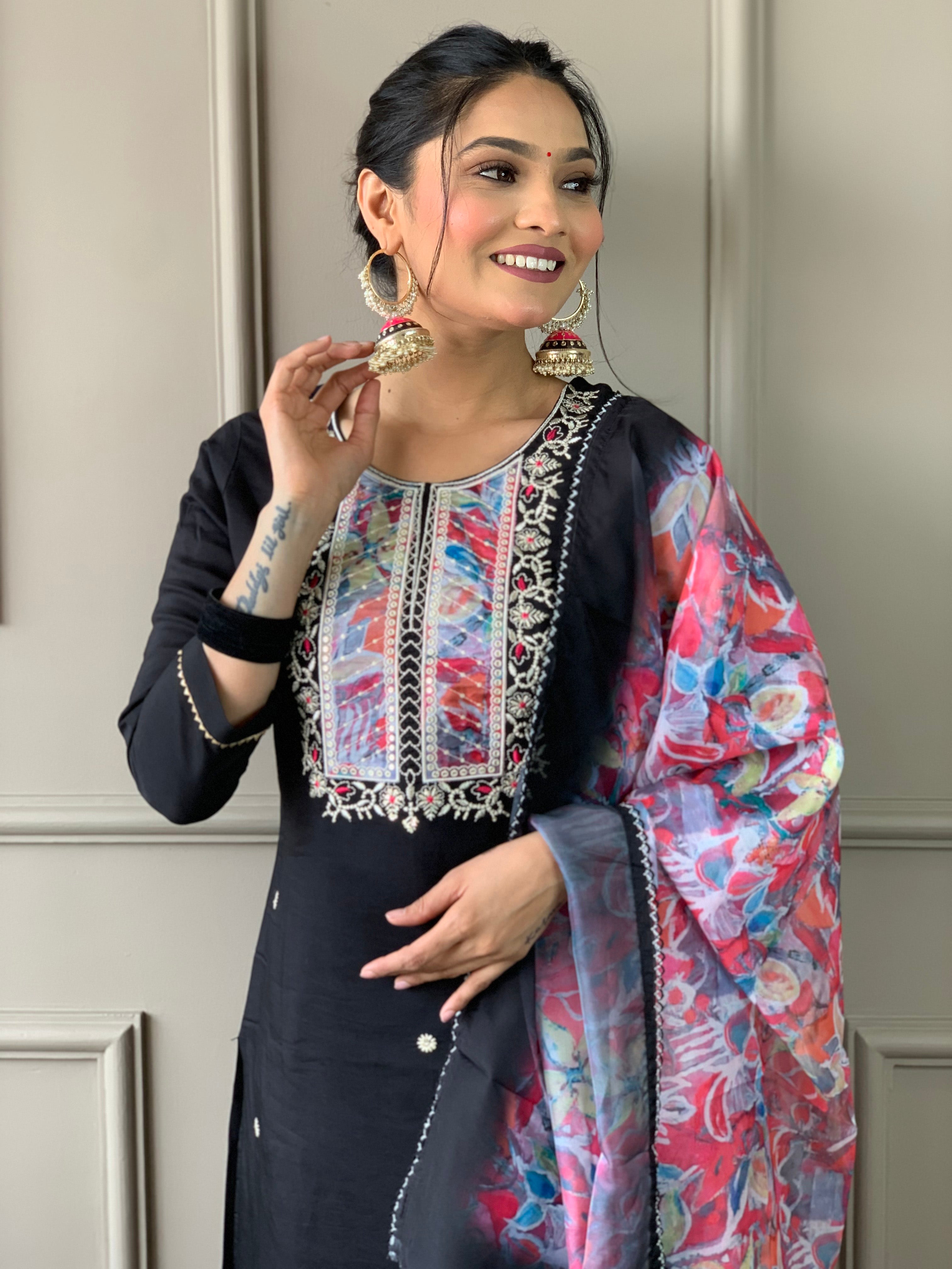 Black Premium Rayon Slub Embroidered Kurta Set with Dupatta