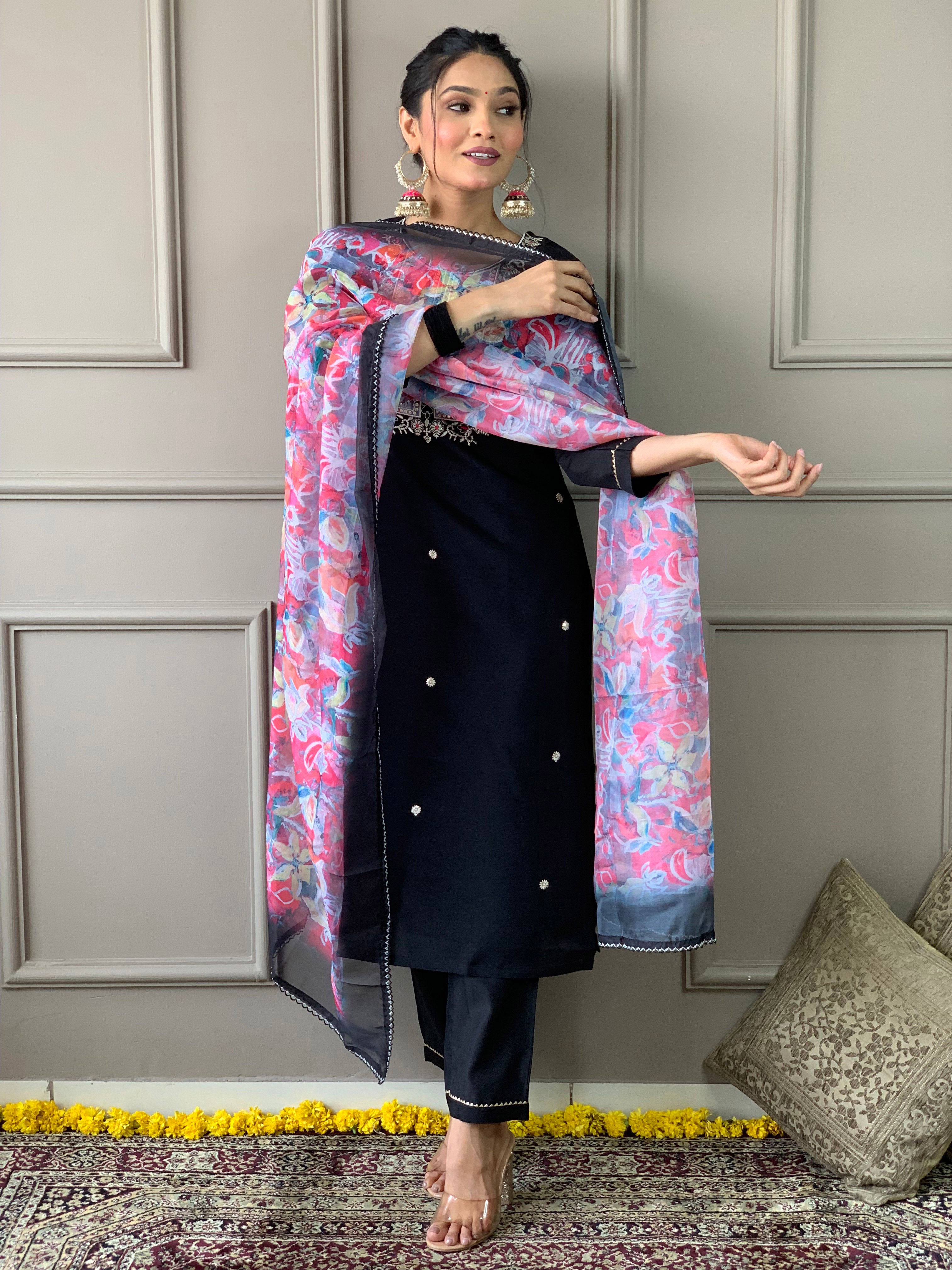 Black Premium Rayon Slub Embroidered Kurta Set with Dupatta