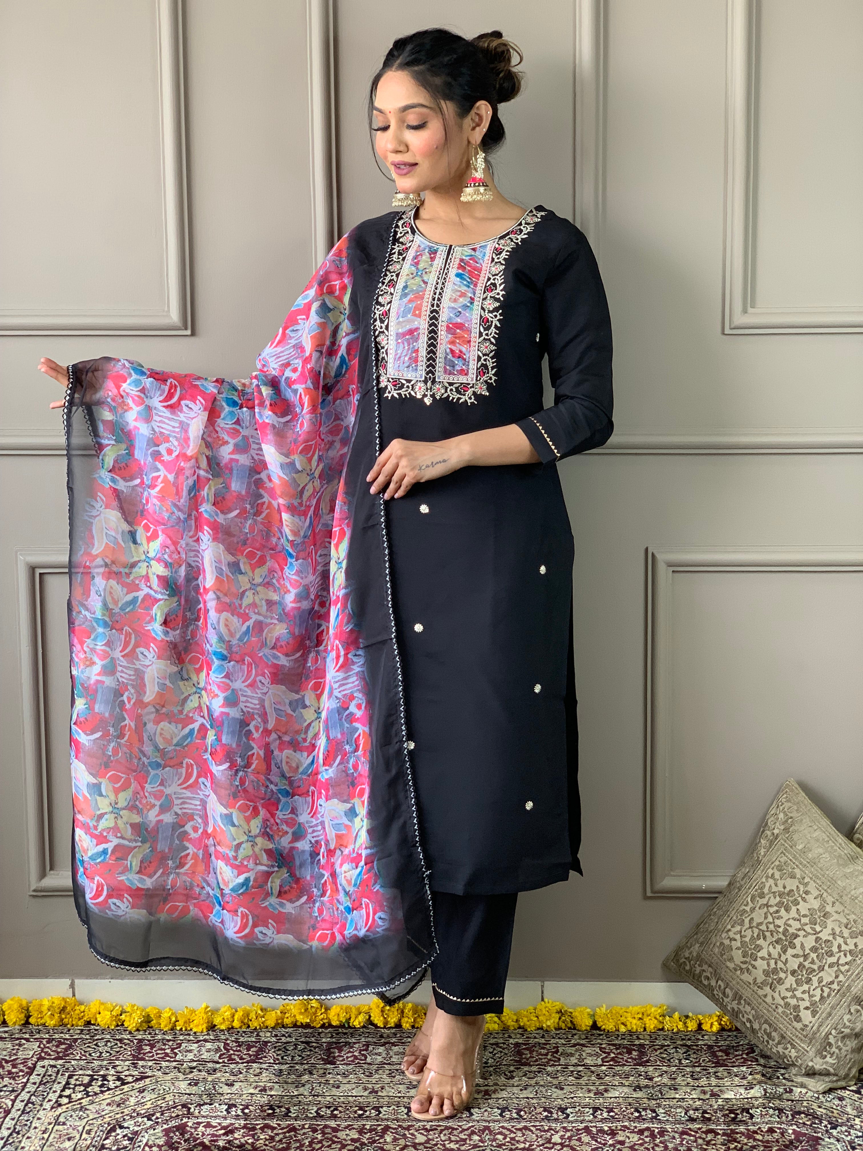 Black Premium Rayon Slub Embroidered Kurta Set with Dupatta