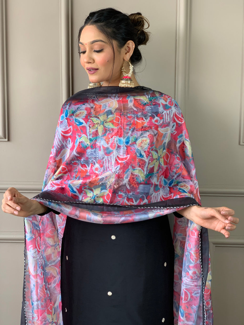 Black Premium Rayon Slub Embroidered Kurta Set with Dupatta