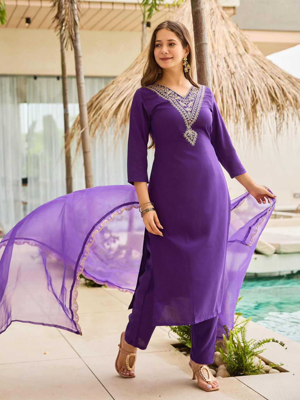 Light Purple Embroidered Kurta Set | Rayon Slub with Organza Dupatta