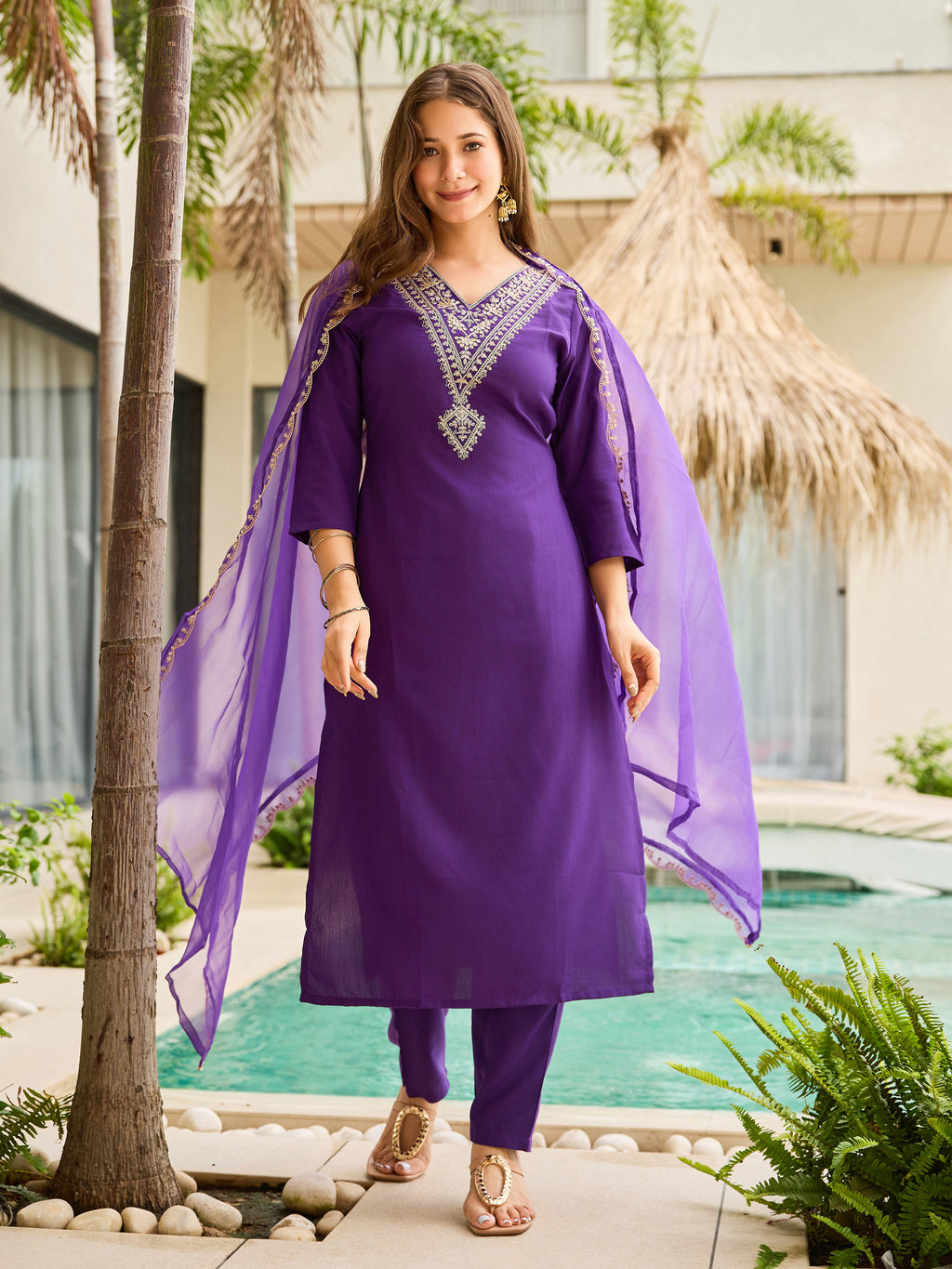 Light Purple Embroidered Kurta Set | Rayon Slub with Organza Dupatta