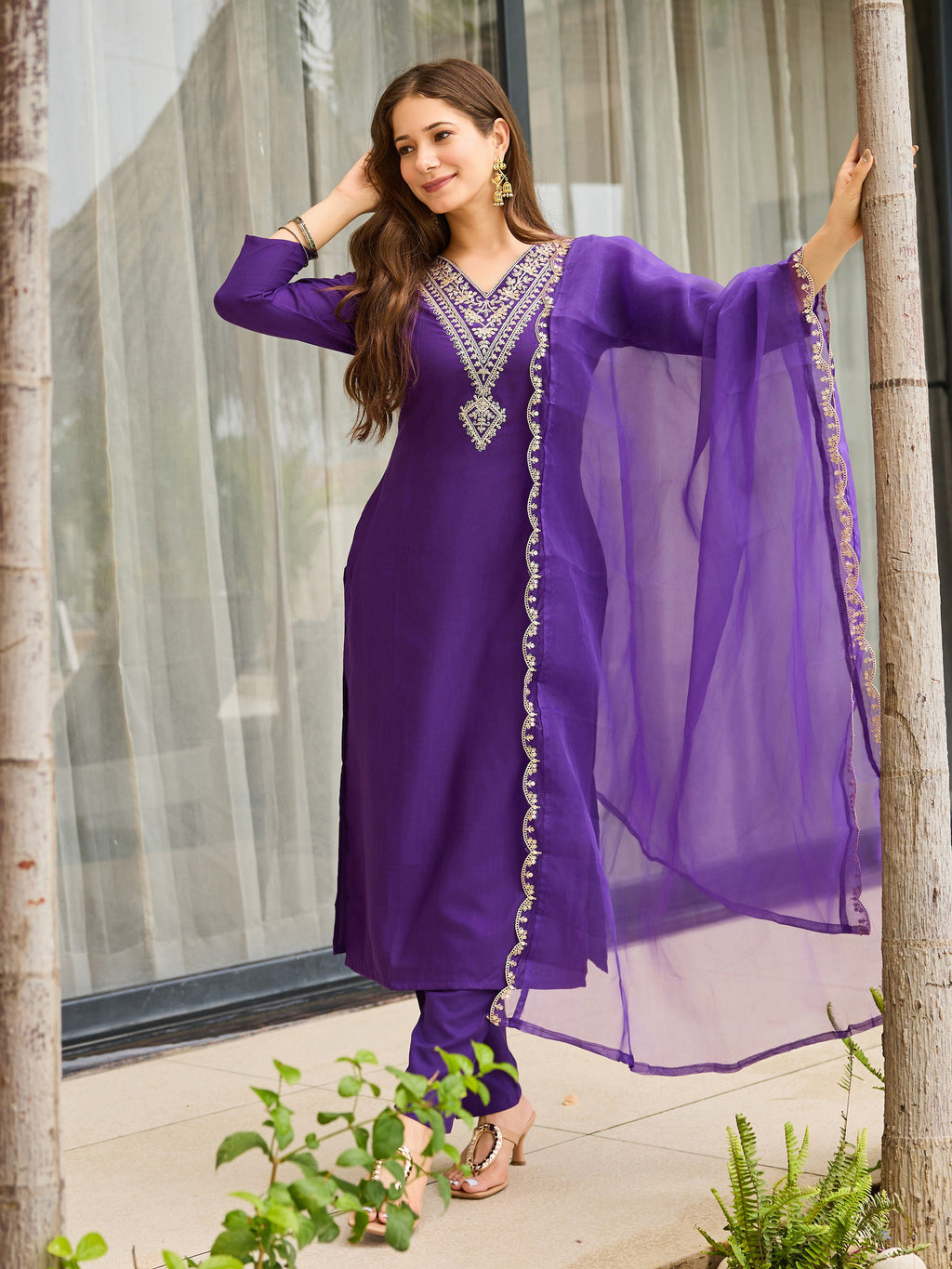 Light Purple Embroidered Kurta Set | Rayon Slub with Organza Dupatta