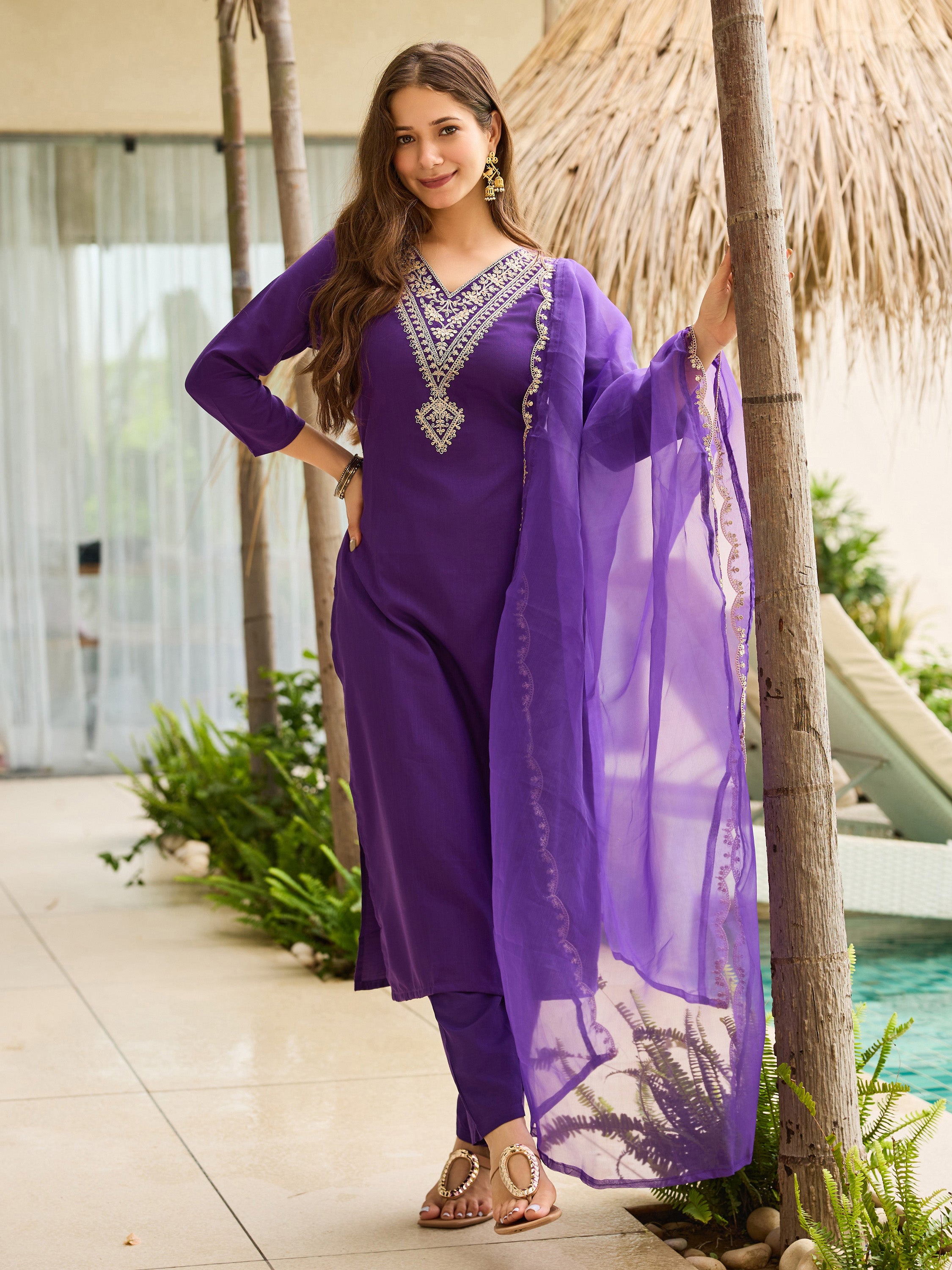 Light Purple Embroidered Kurta Set | Rayon Slub with Organza Dupatta