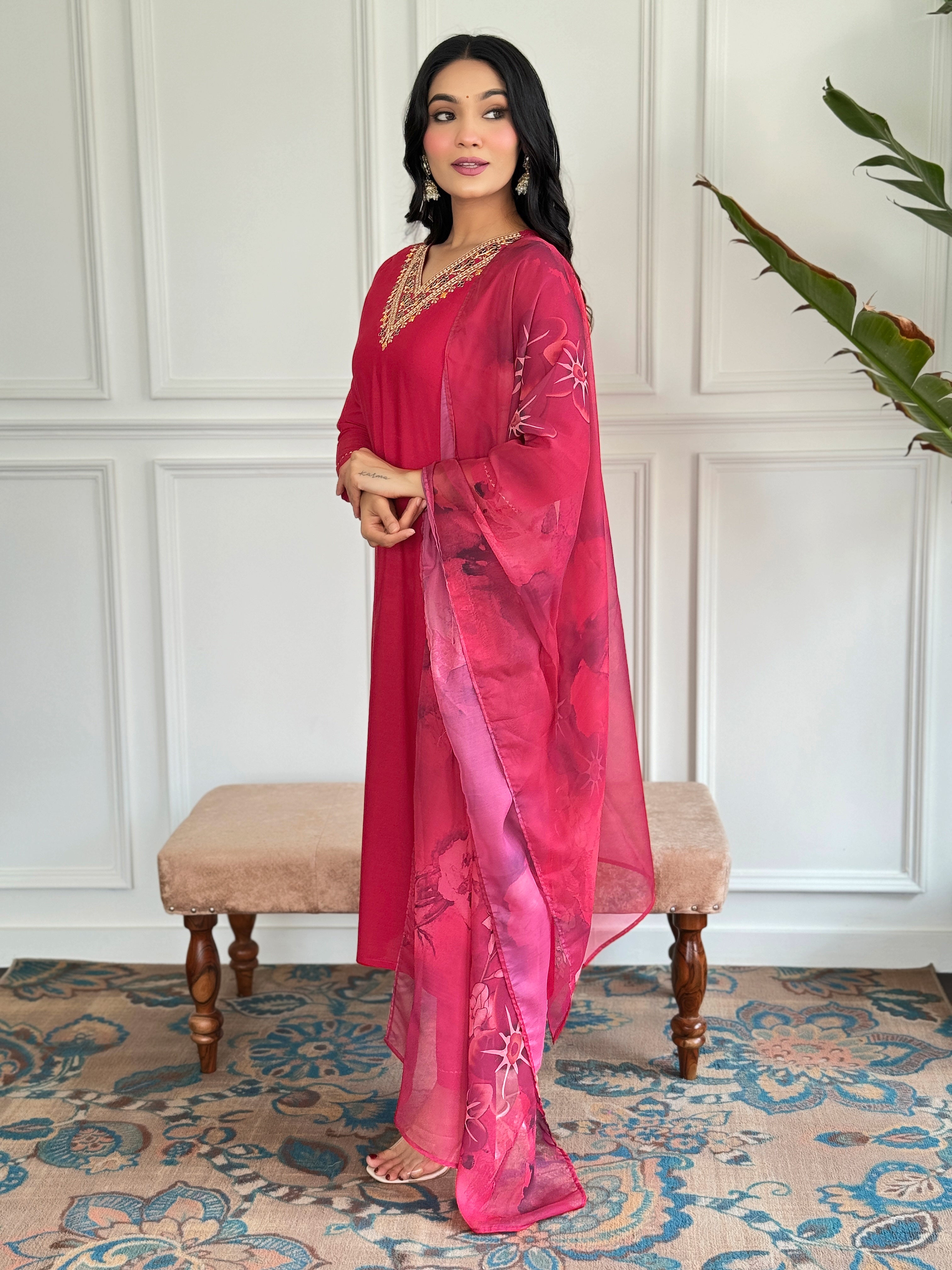 Red Premium Rayon Embroidered Kurta Set with Dupatta