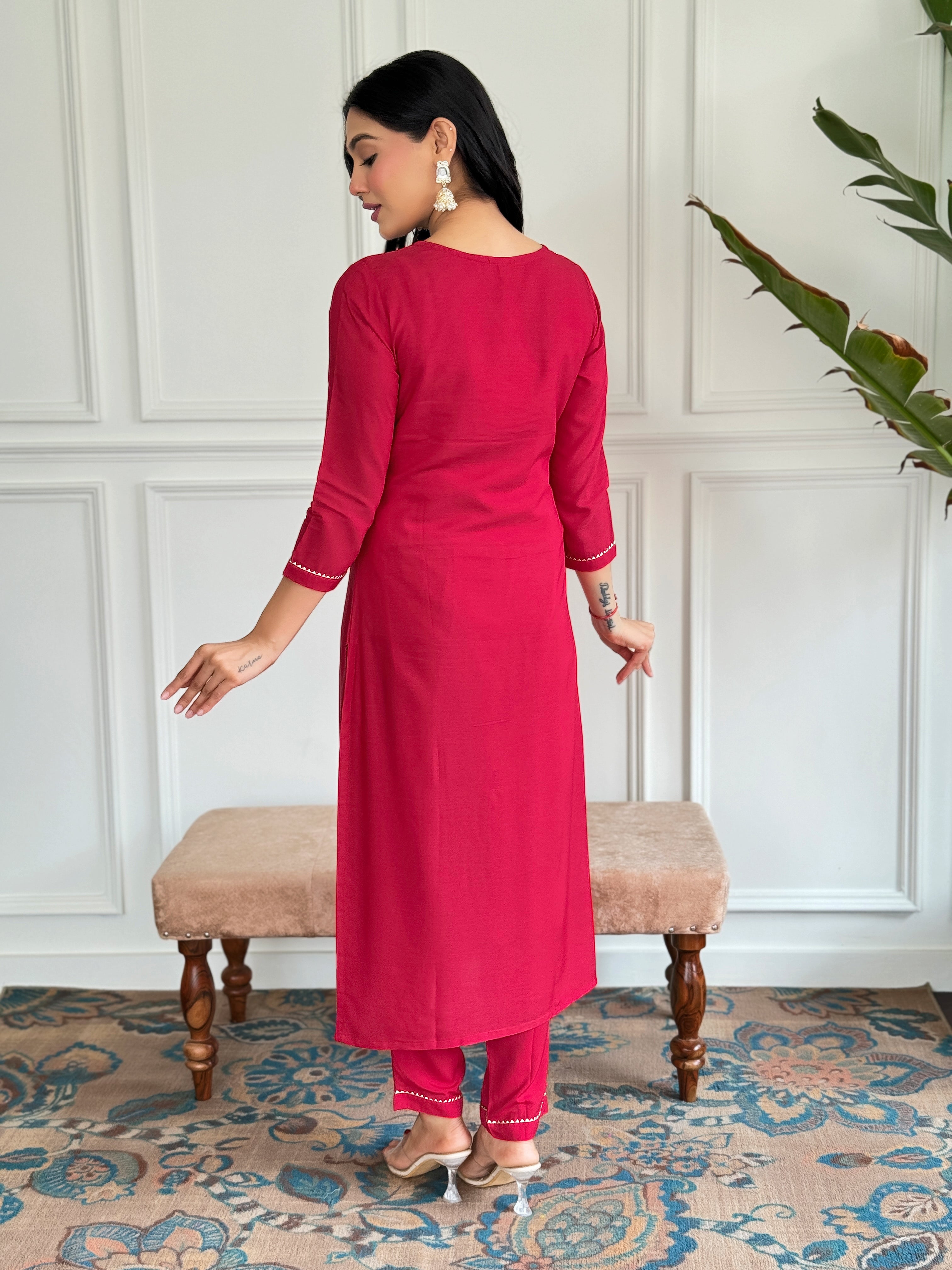 Red Premium Rayon Embroidered Kurta Set with Dupatta
