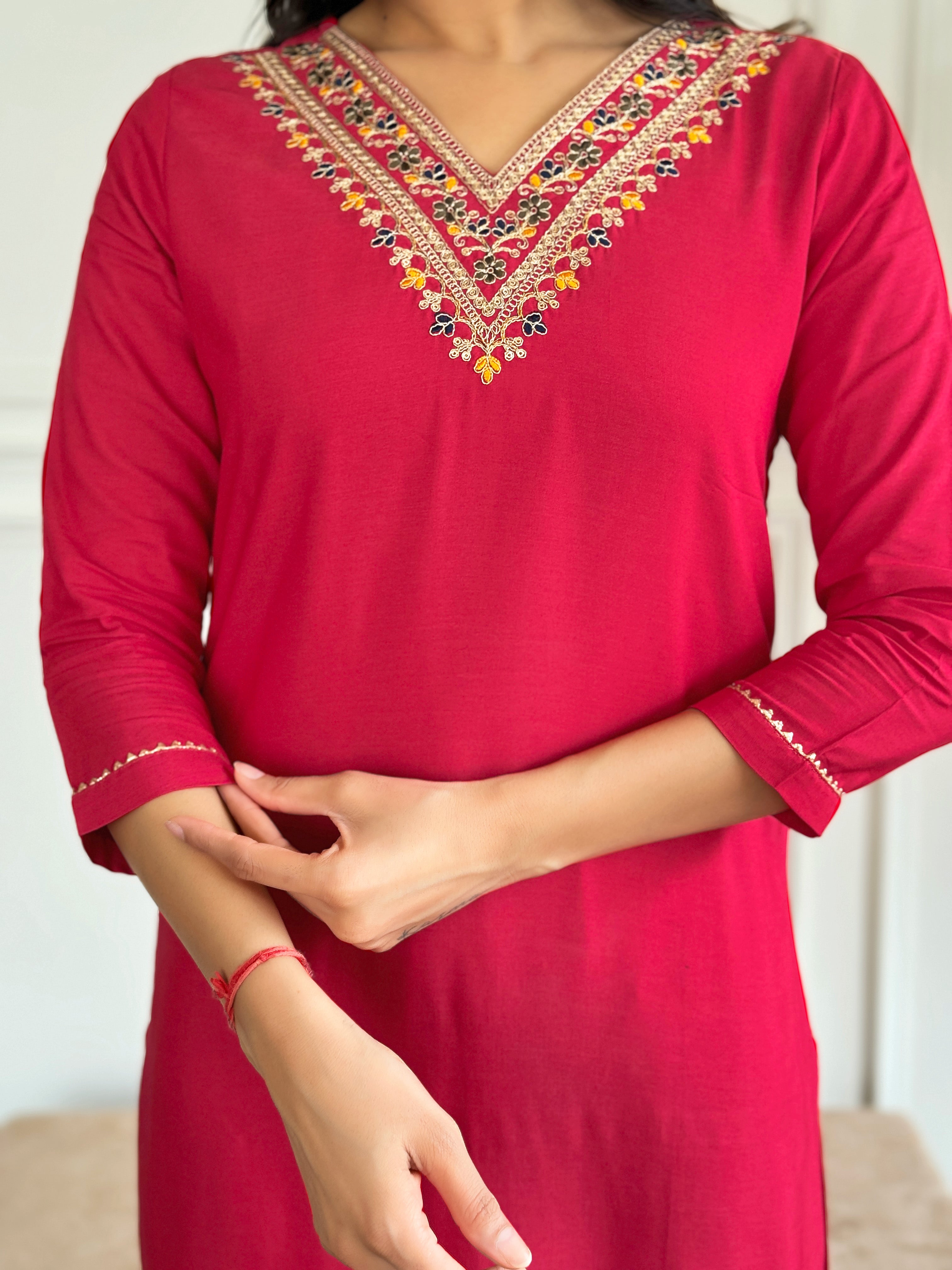 Red Premium Rayon Embroidered Kurta Set with Dupatta
