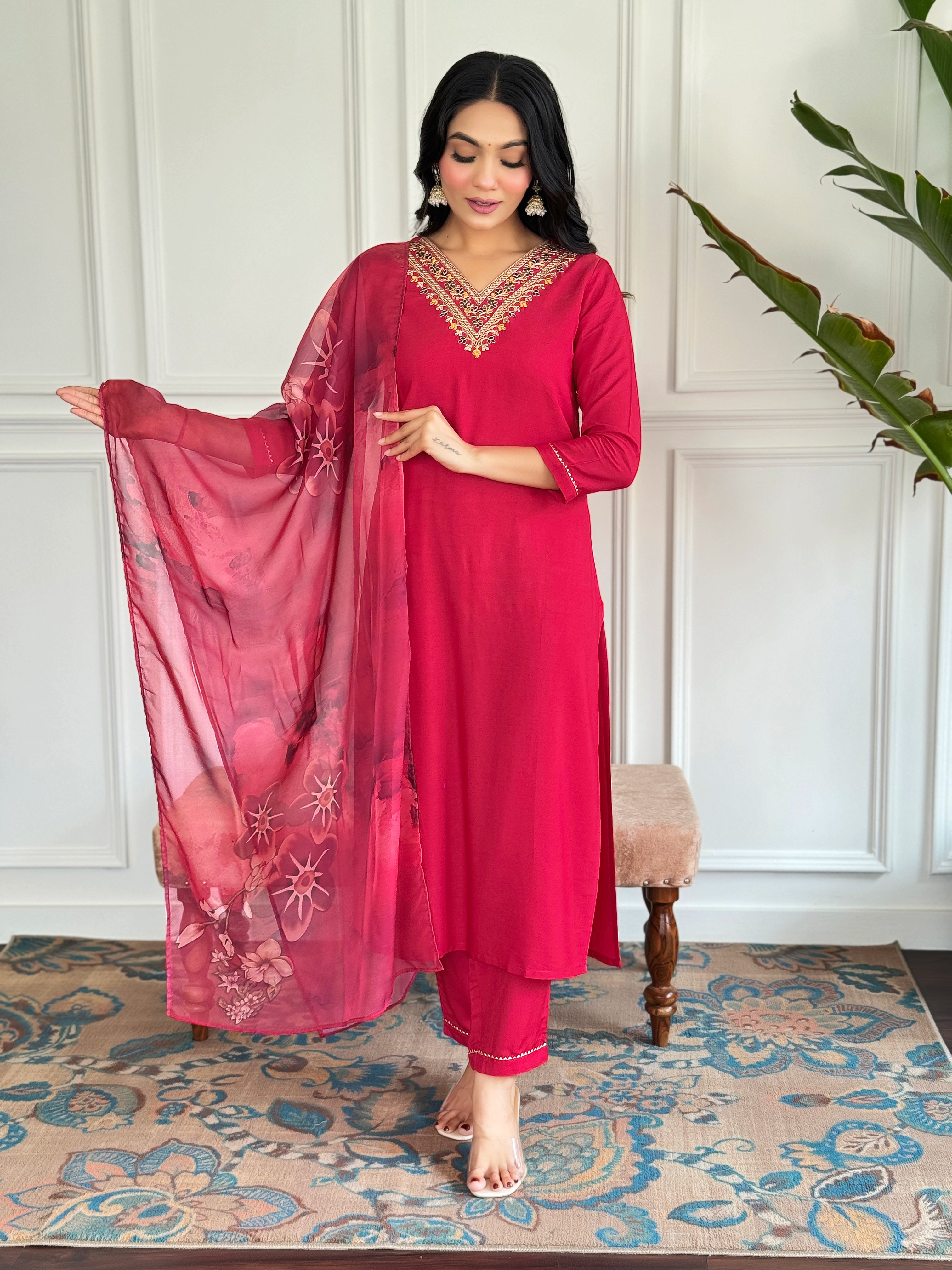 Red Premium Rayon Embroidered Kurta Set with Dupatta