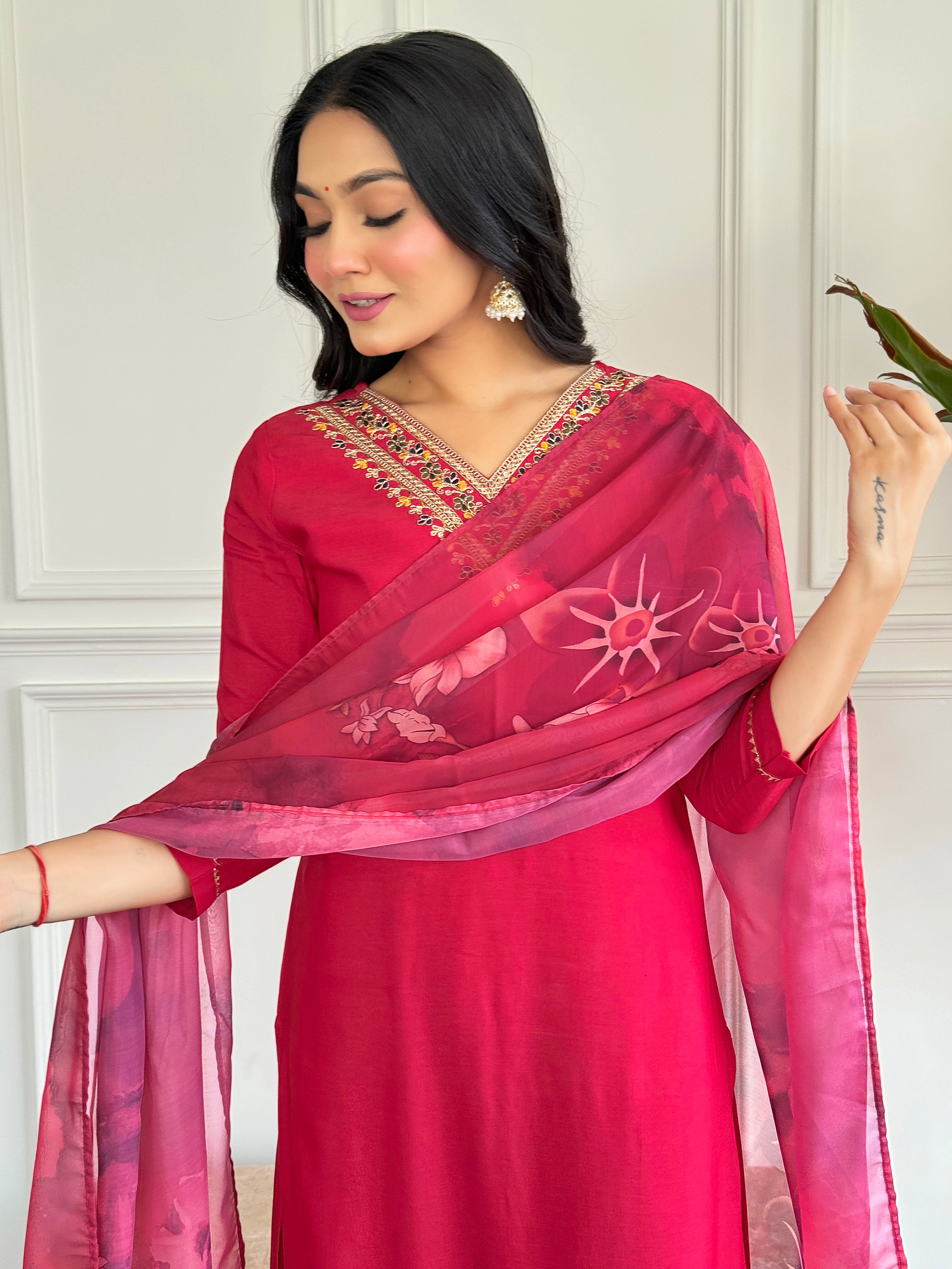 Red Premium Rayon Embroidered Kurta Set with Dupatta