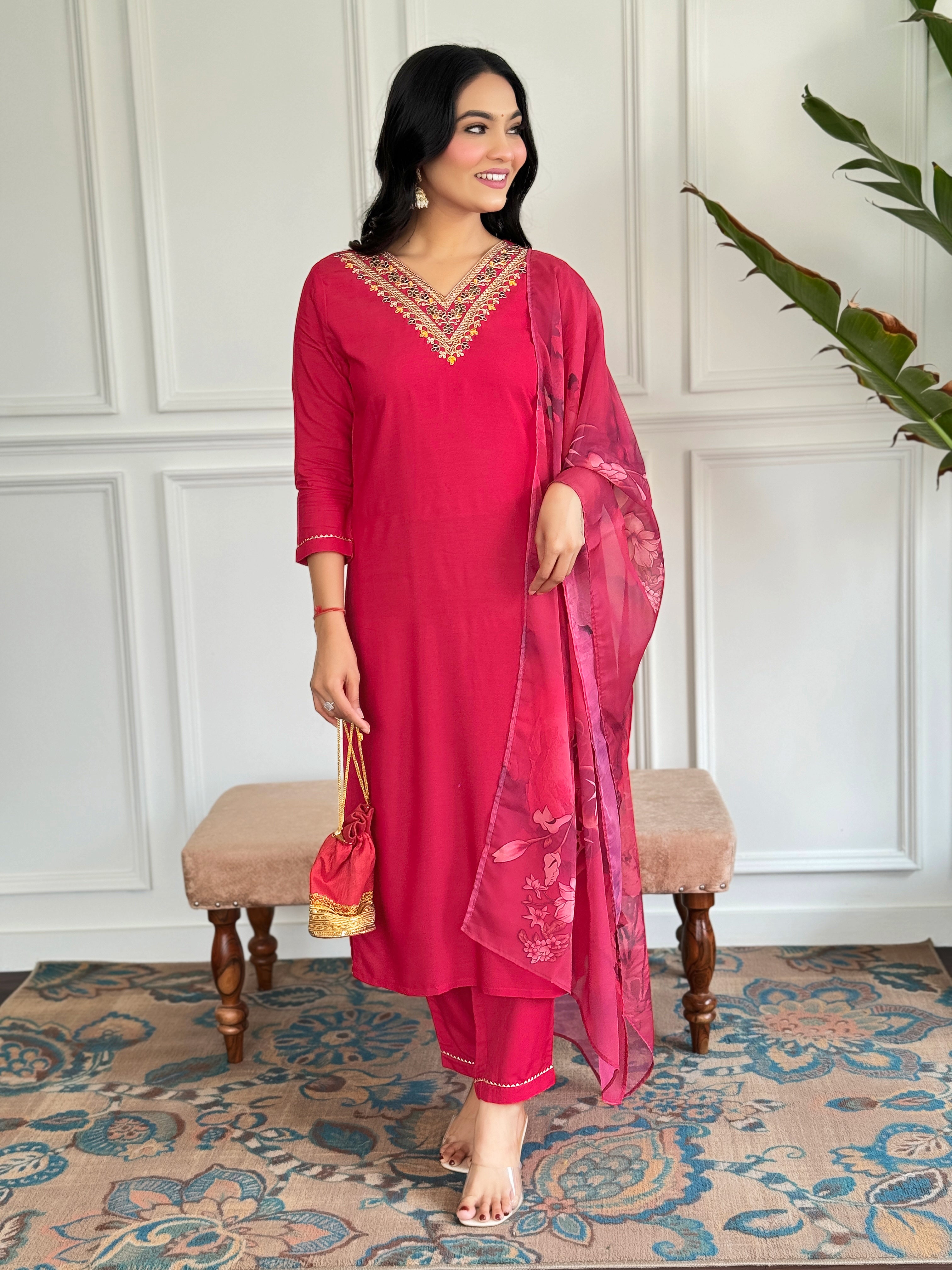 Red Premium Rayon Embroidered Kurta Set with Dupatta