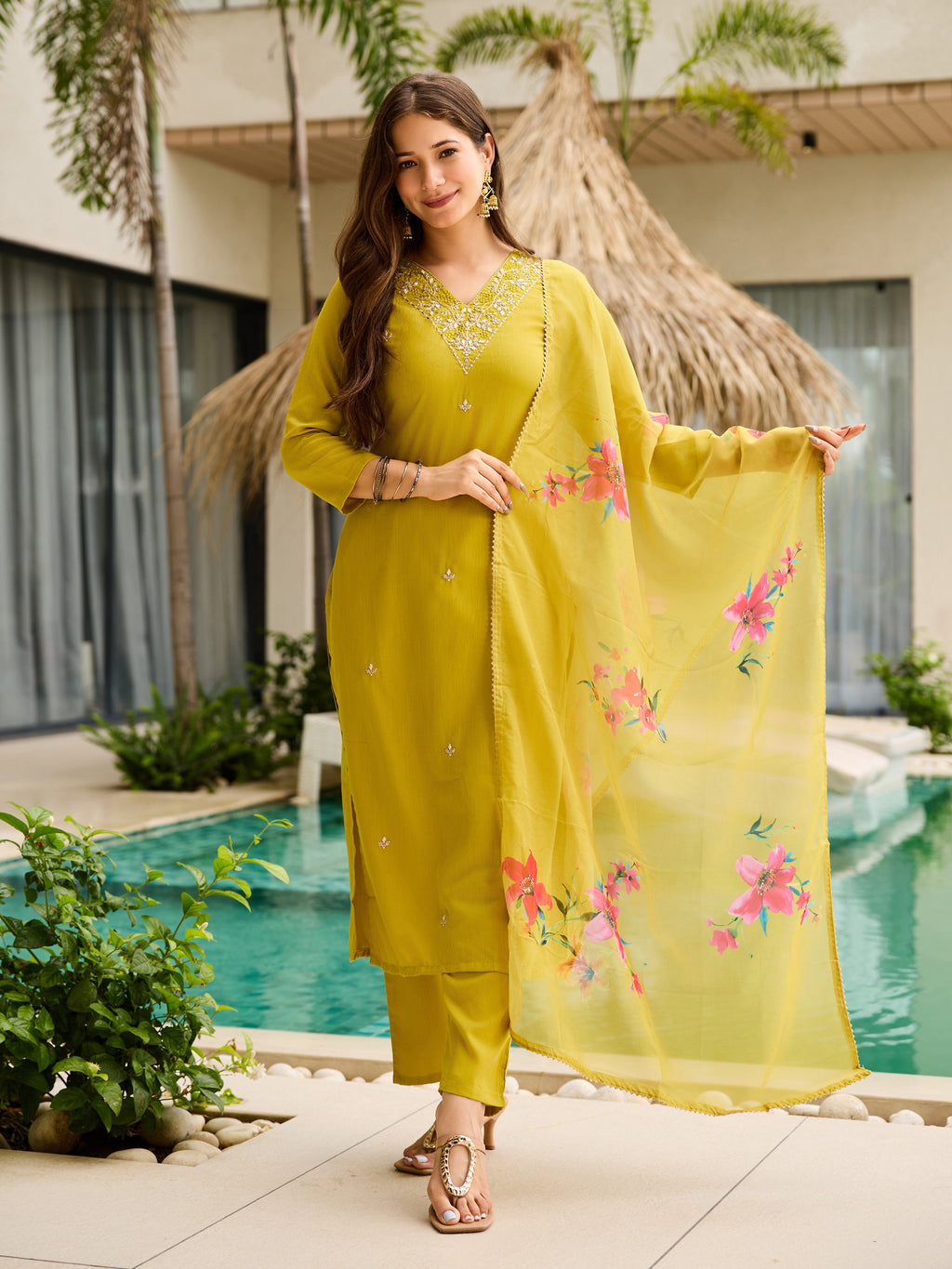 Lemon Yellow Embroidered Kurta Set | Rayon Slub with Organza Dupatta