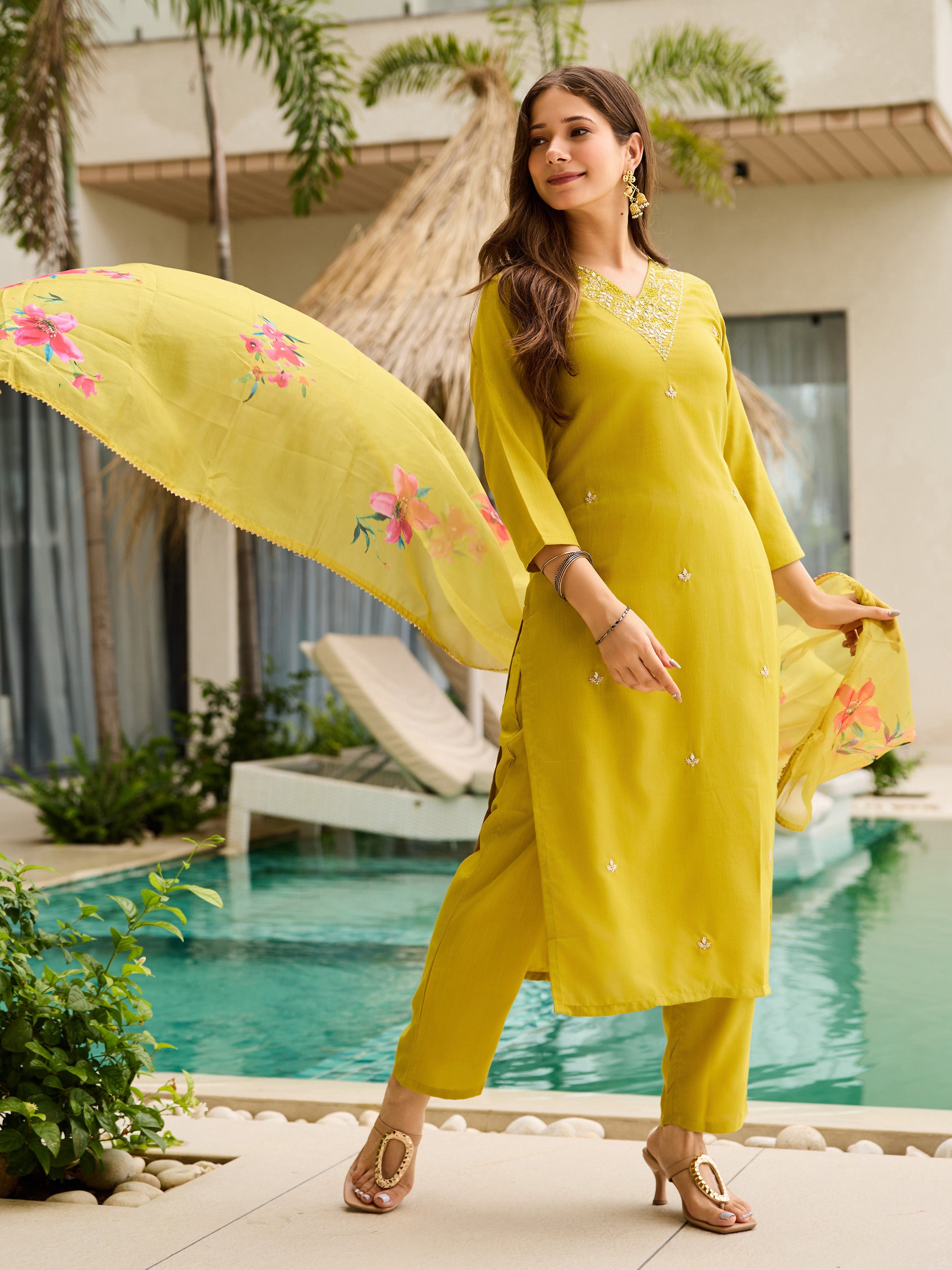 Lemon Yellow Embroidered Kurta Set | Rayon Slub with Organza Dupatta