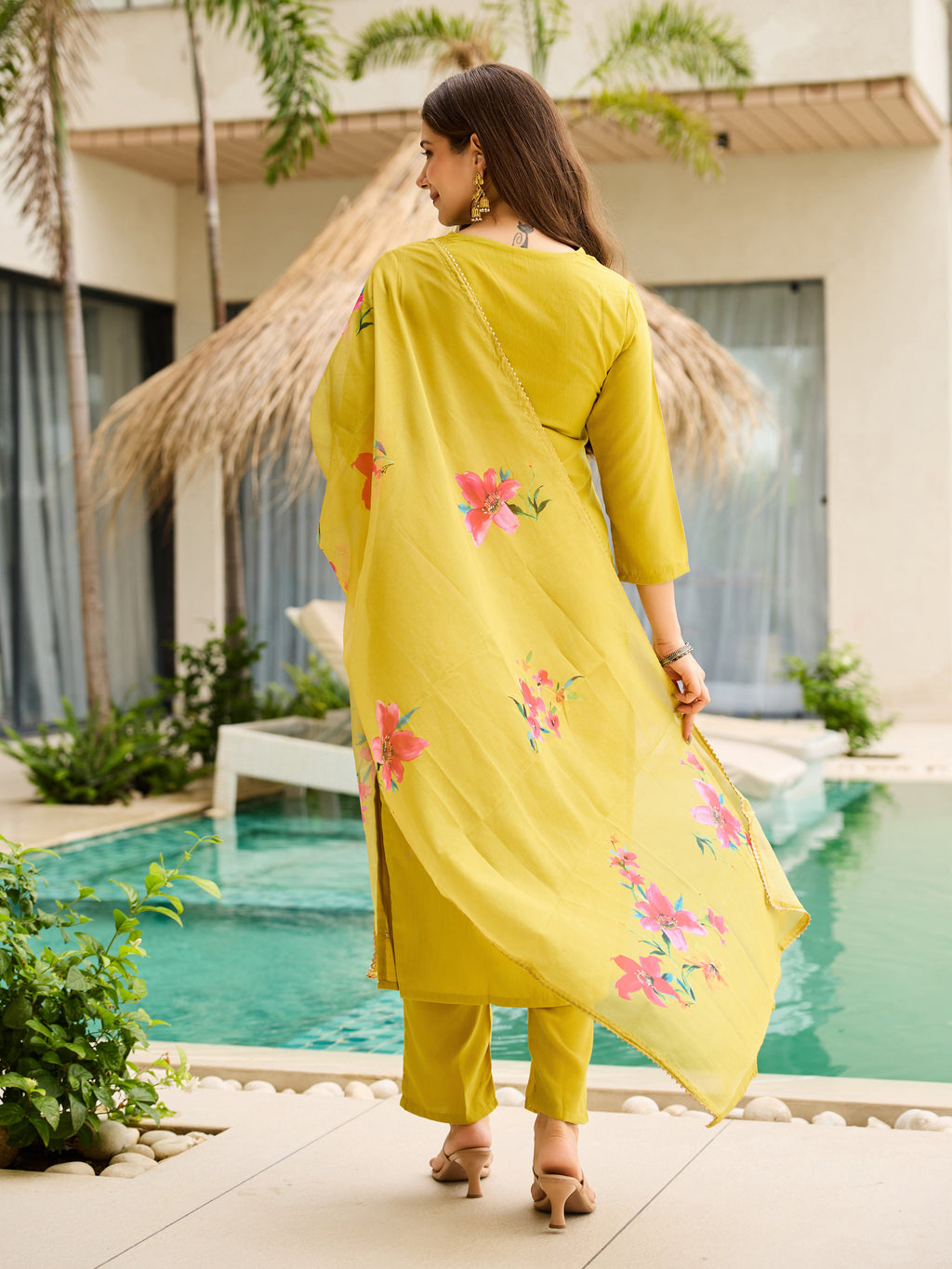 Lemon Yellow Embroidered Kurta Set | Rayon Slub with Organza Dupatta