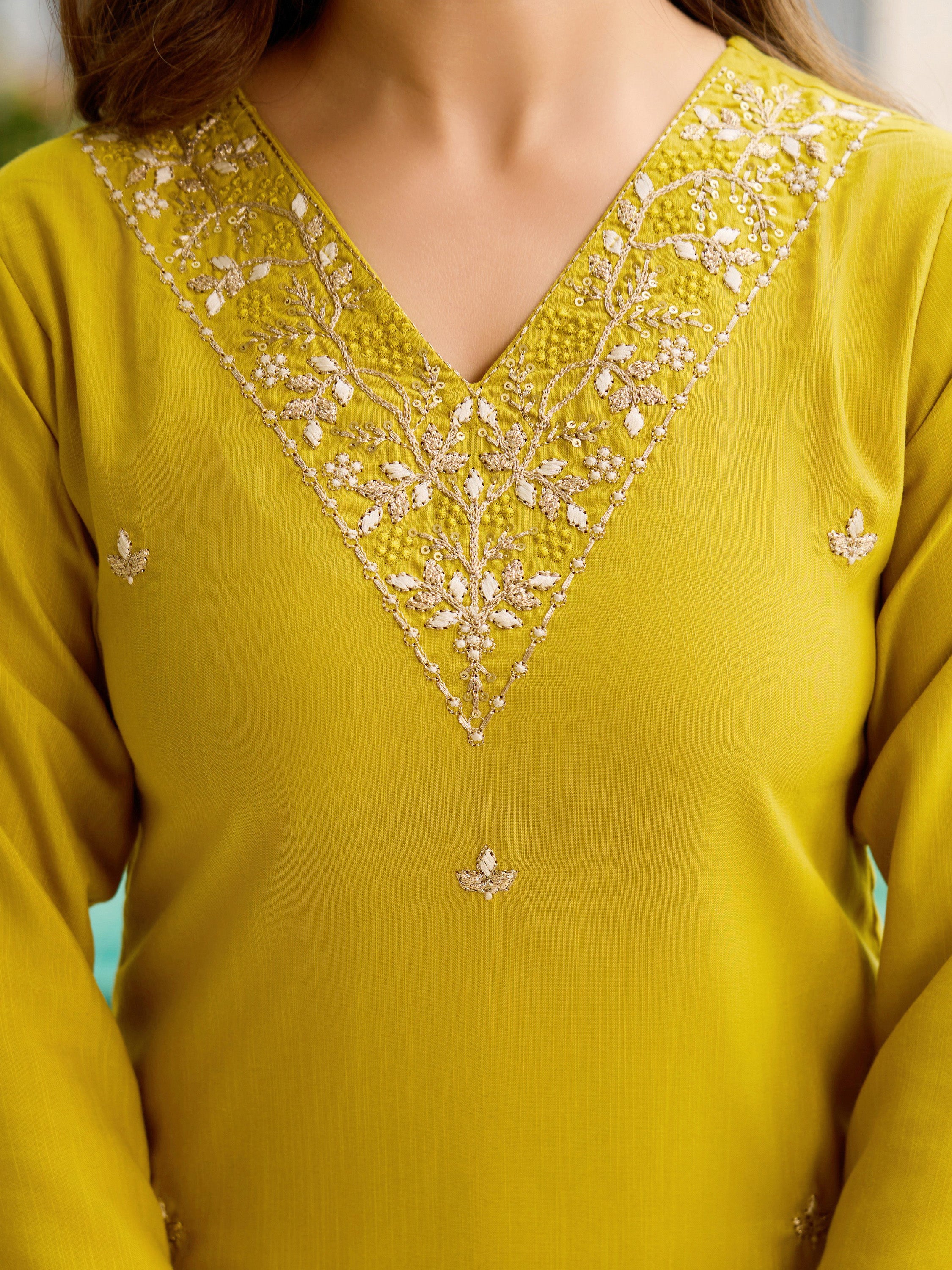 Lemon Yellow Embroidered Kurta Set | Rayon Slub with Organza Dupatta