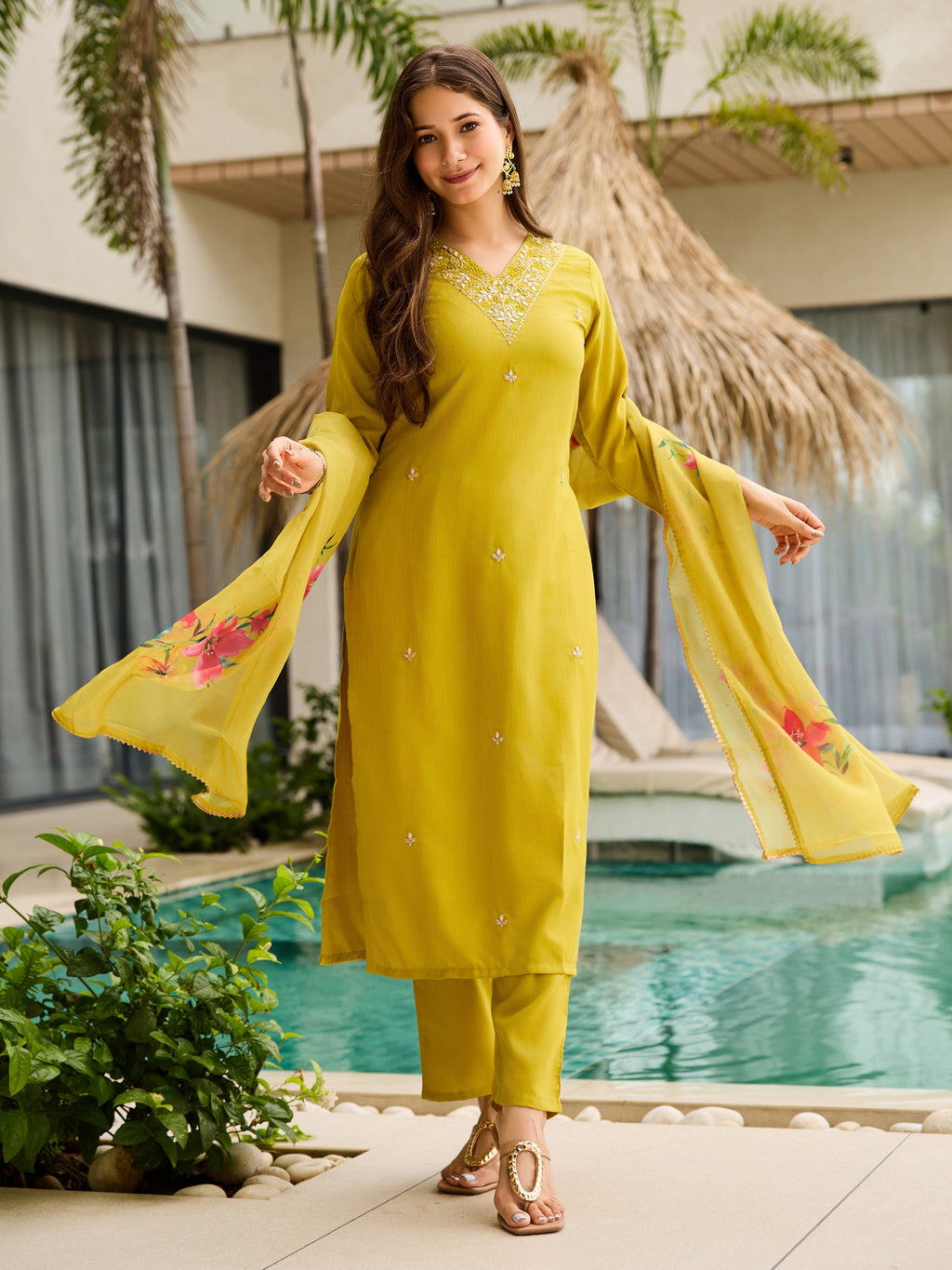 Lemon Yellow Embroidered Kurta Set | Rayon Slub with Organza Dupatta