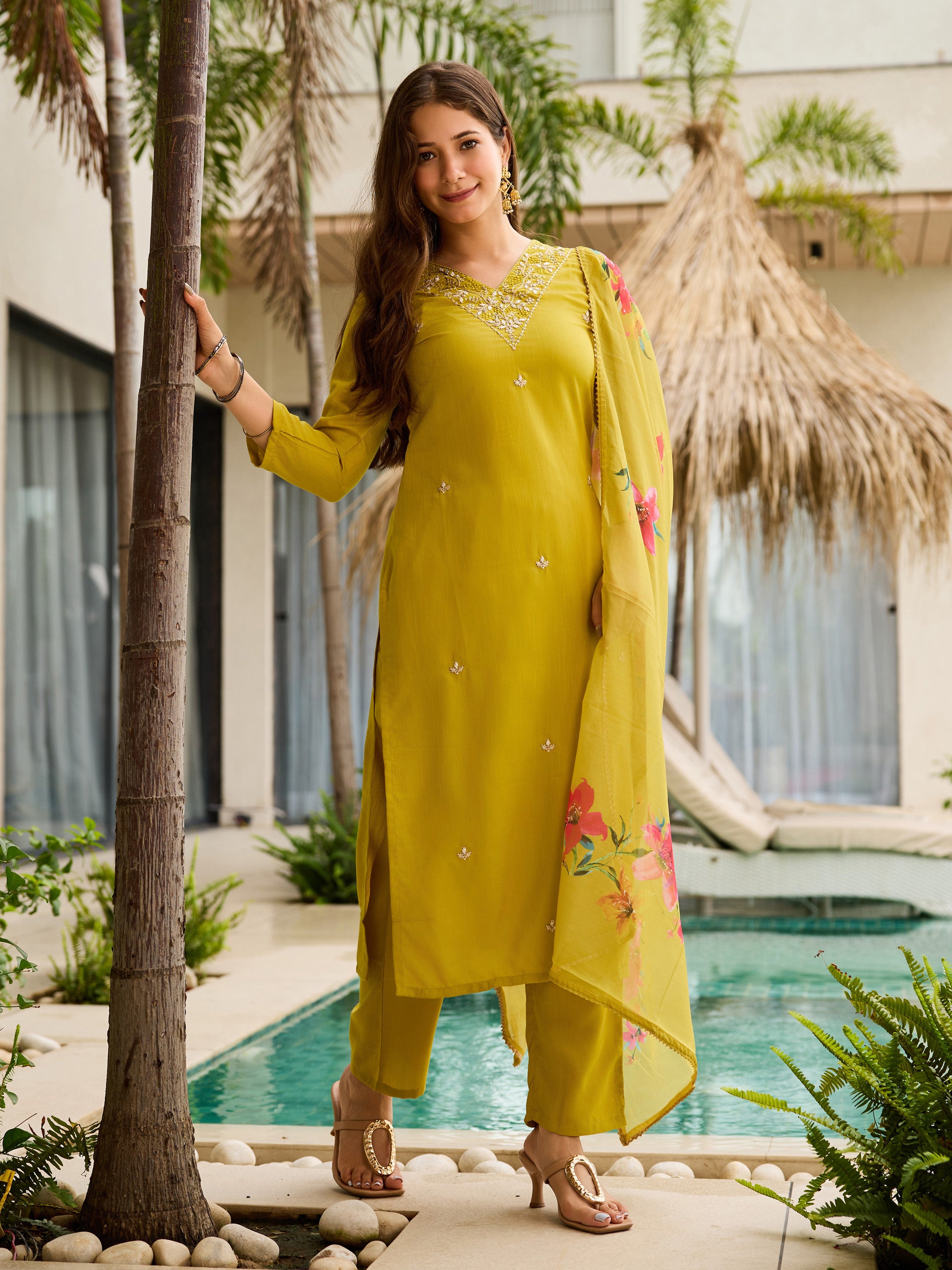 Lemon Yellow Embroidered Kurta Set | Rayon Slub with Organza Dupatta