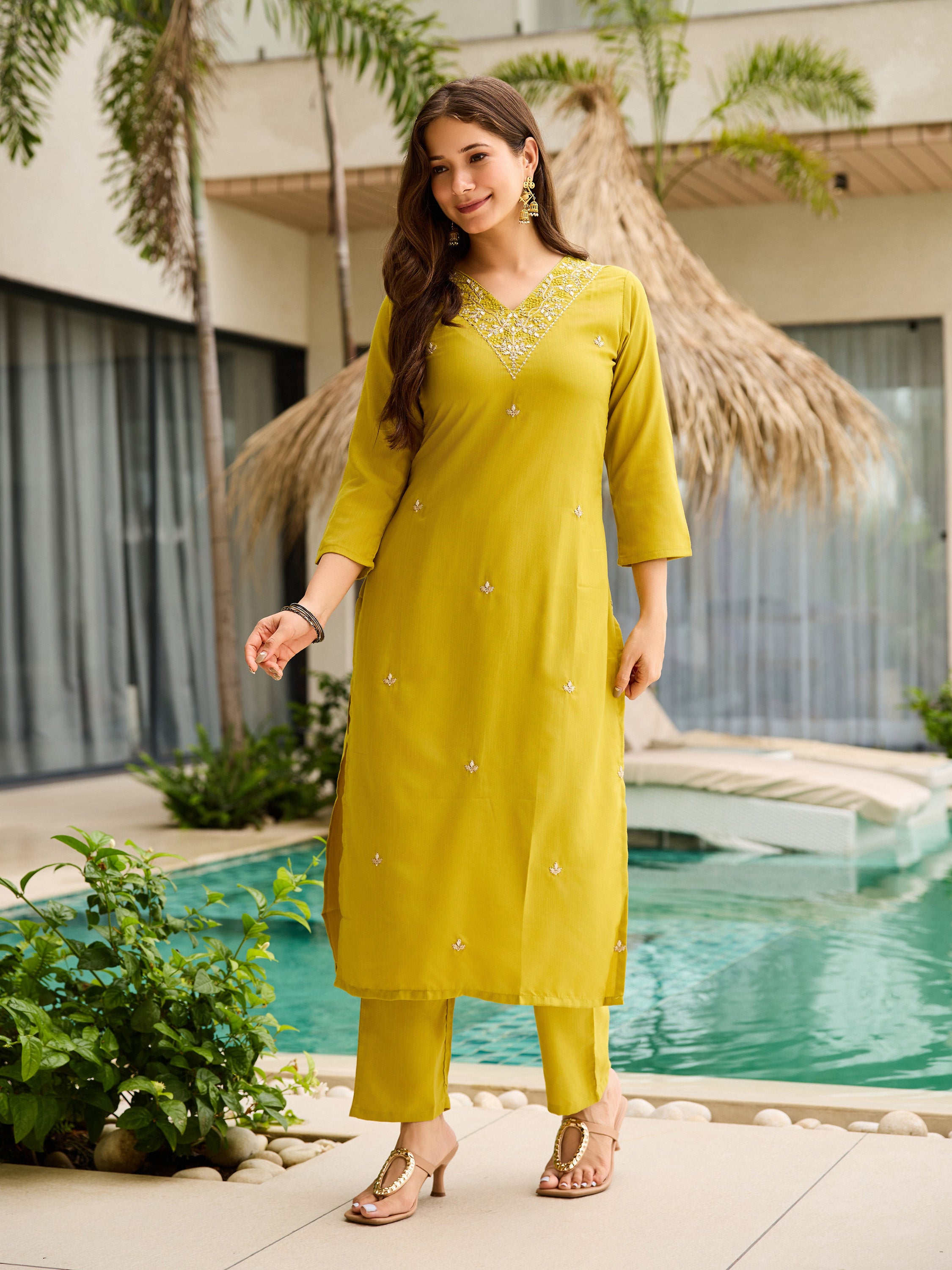 Lemon Yellow Embroidered Kurta Set | Rayon Slub with Organza Dupatta