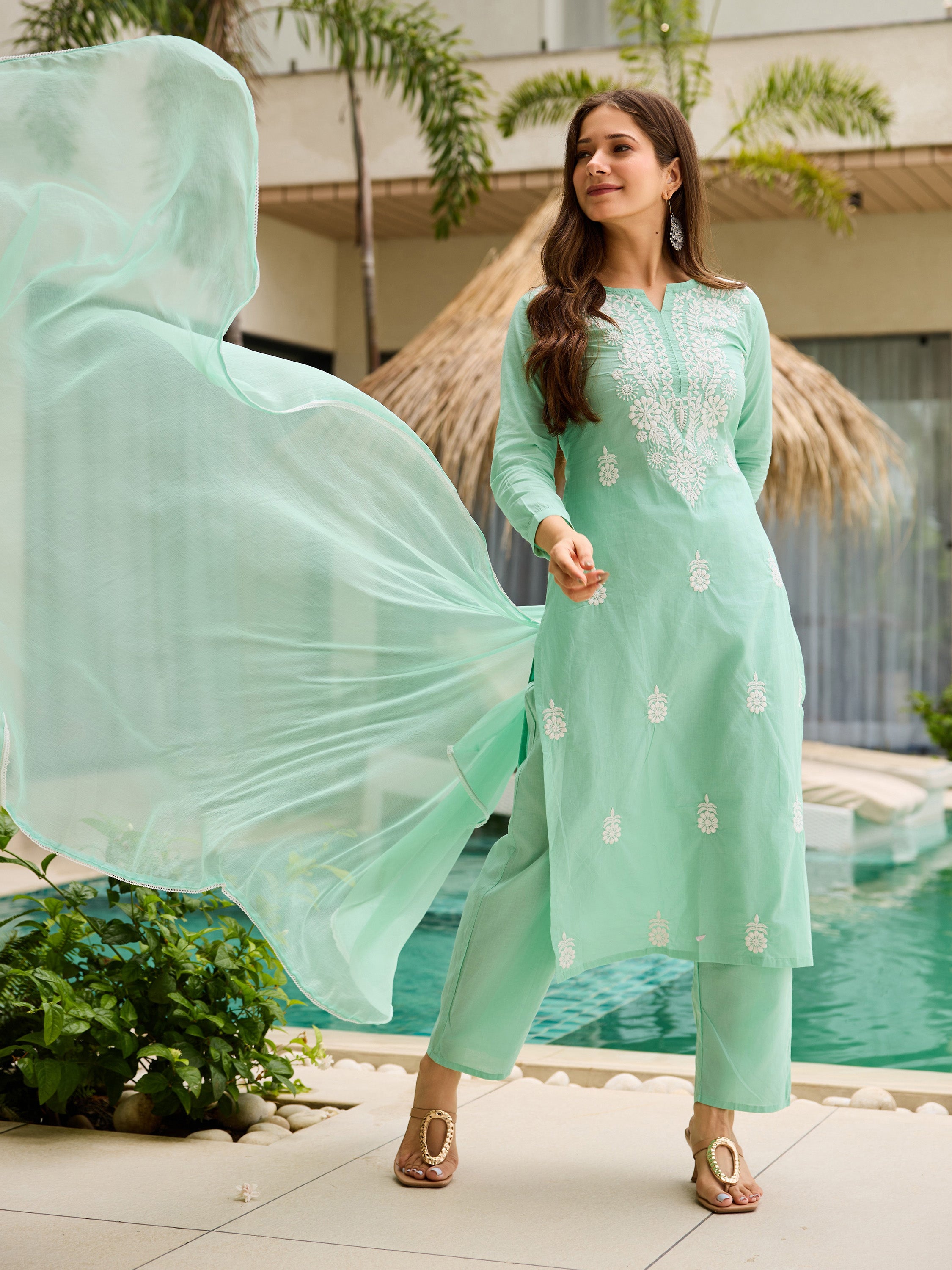 Mint Green Embroidered Cotton Kurta Set | Cotton With Nylon Dupatta