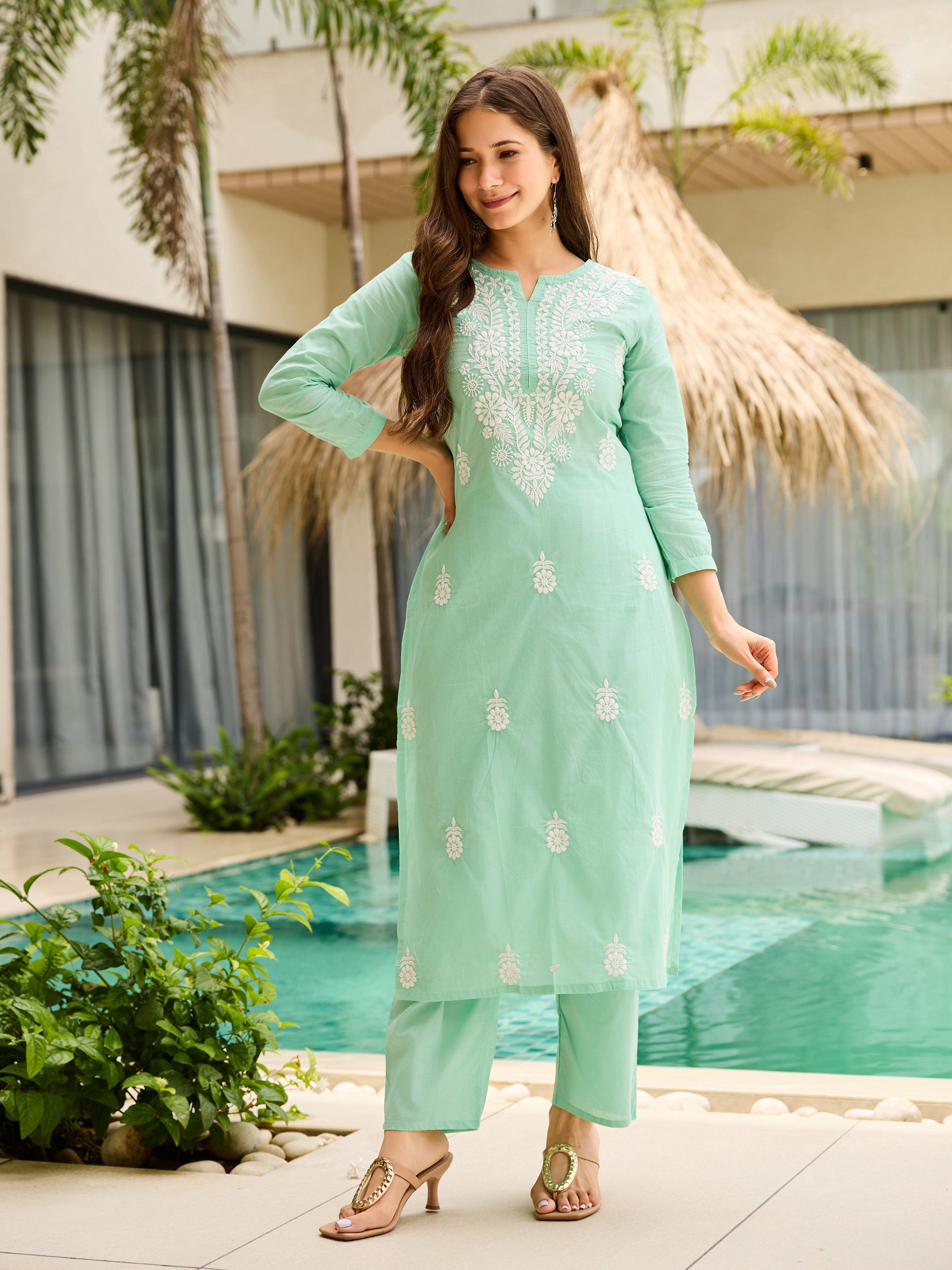 Mint Green Embroidered Cotton Kurta Set | Cotton With Nylon Dupatta