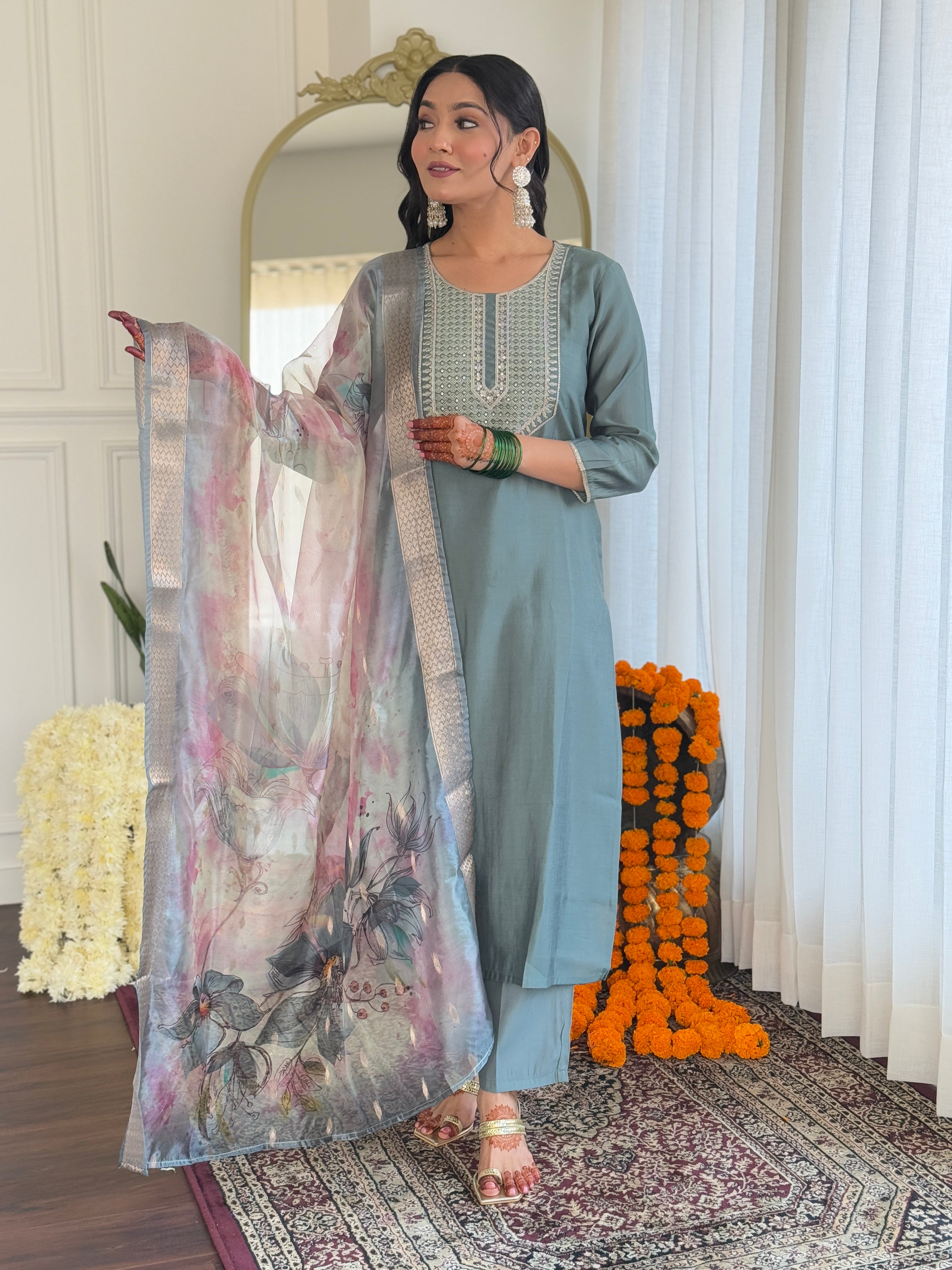 Pista Premium BSY Viscose Embroidered Kurta Set with Dupatta