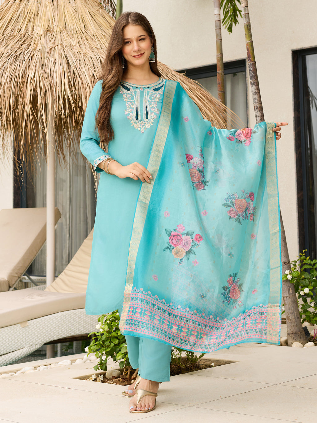 Sky Blue Embroidered Viscose Kurta Set | Organza Dupatta