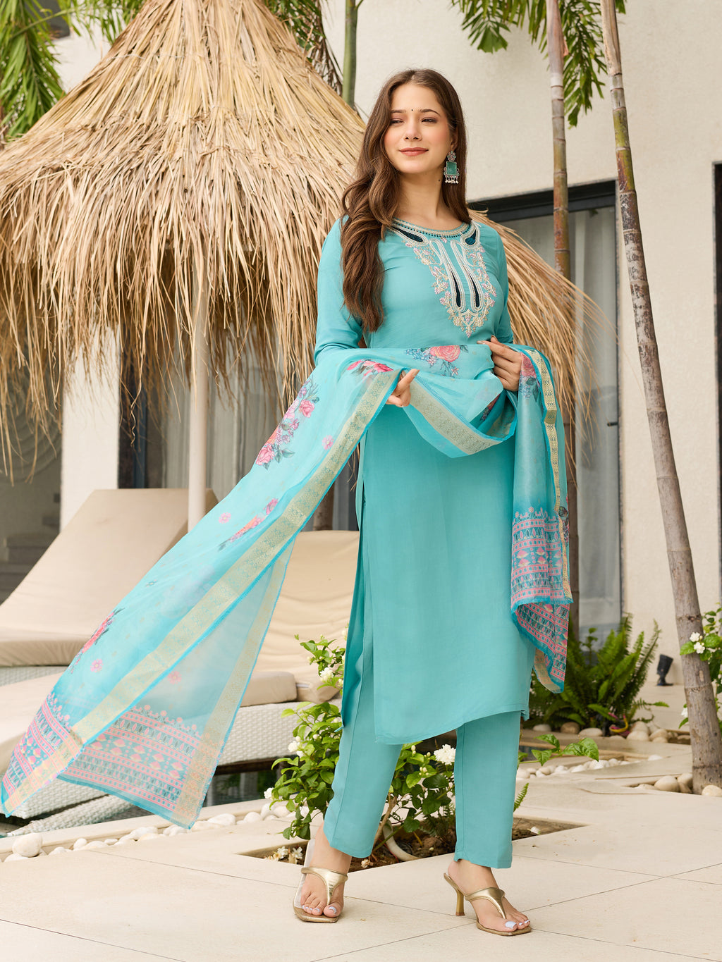 Sky Blue Embroidered Viscose Kurta Set | Organza Dupatta