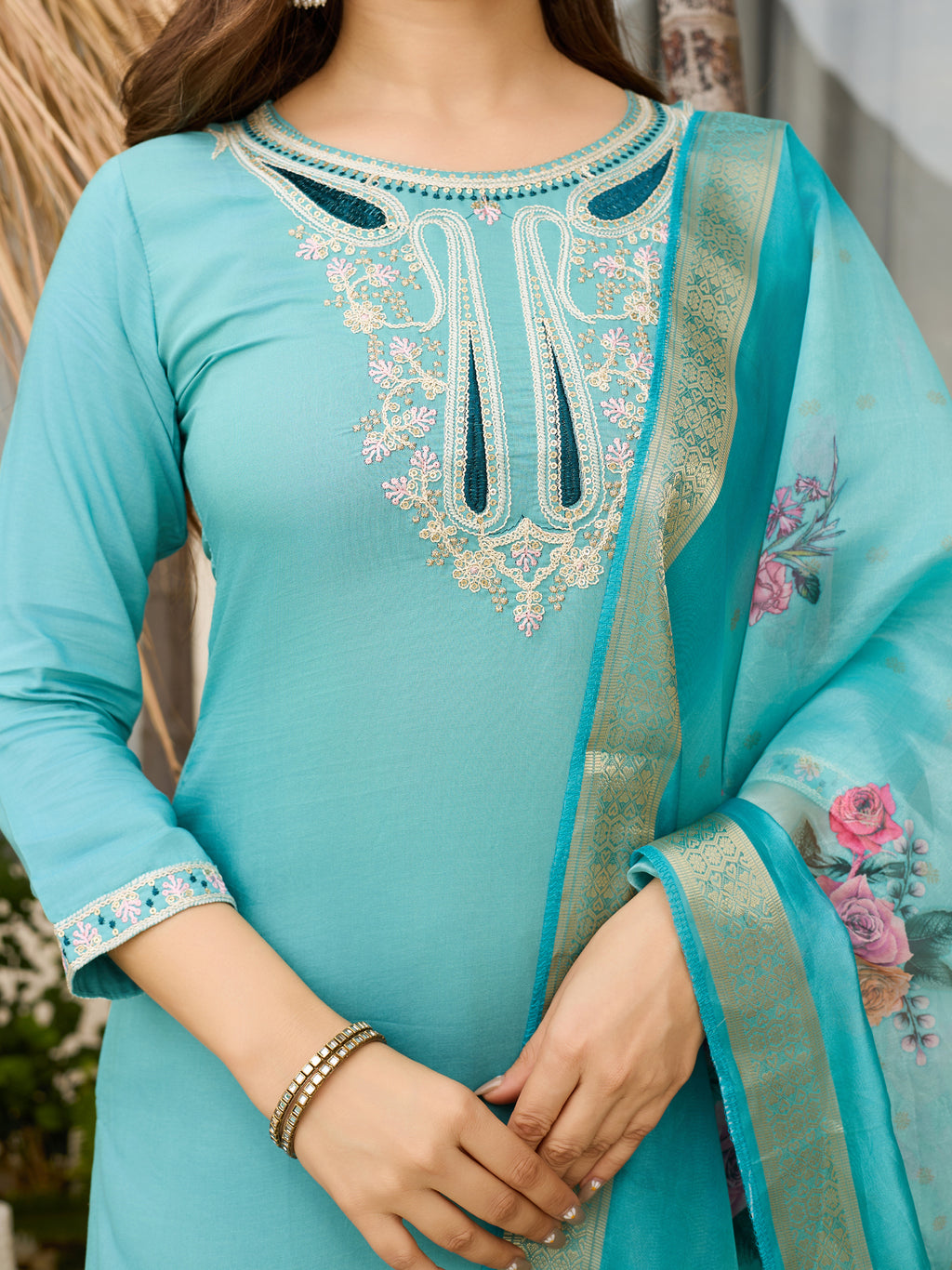Sky Blue Embroidered Viscose Kurta Set | Organza Dupatta