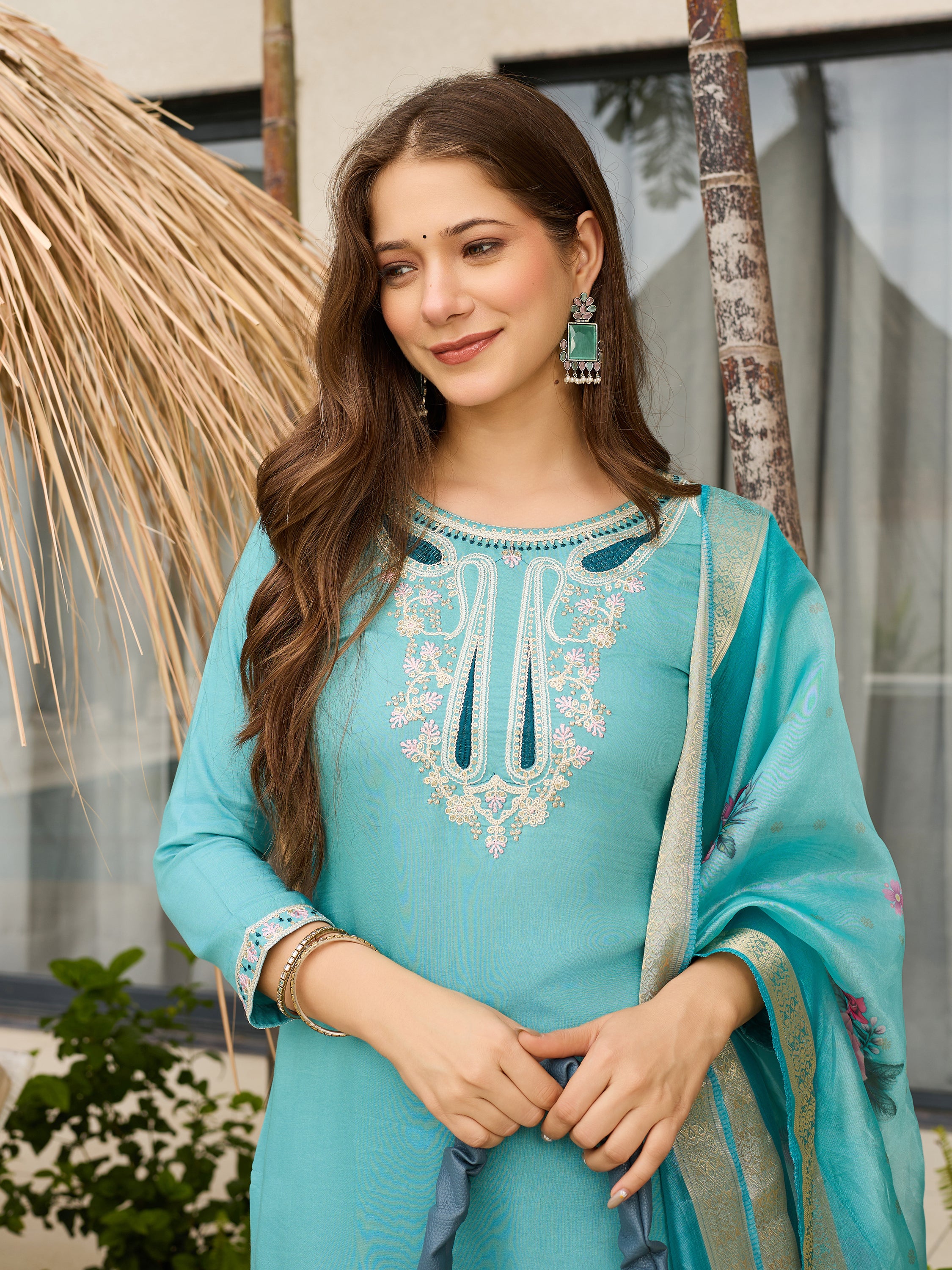 Sky Blue Embroidered Viscose Kurta Set | Organza Dupatta
