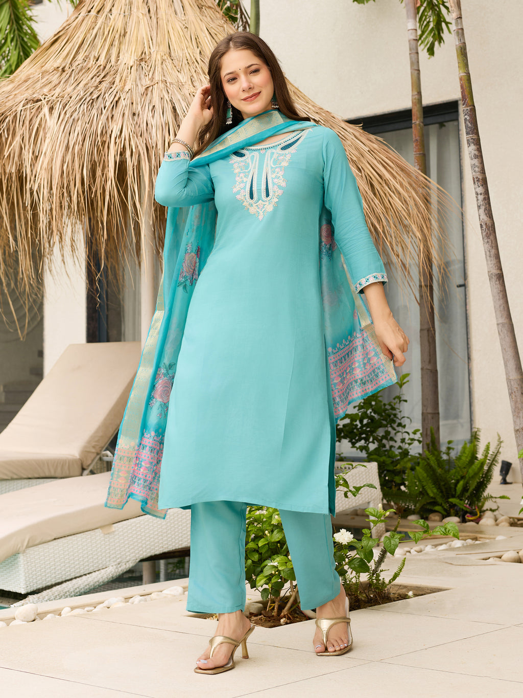 Sky Blue Embroidered Viscose Kurta Set | Organza Dupatta