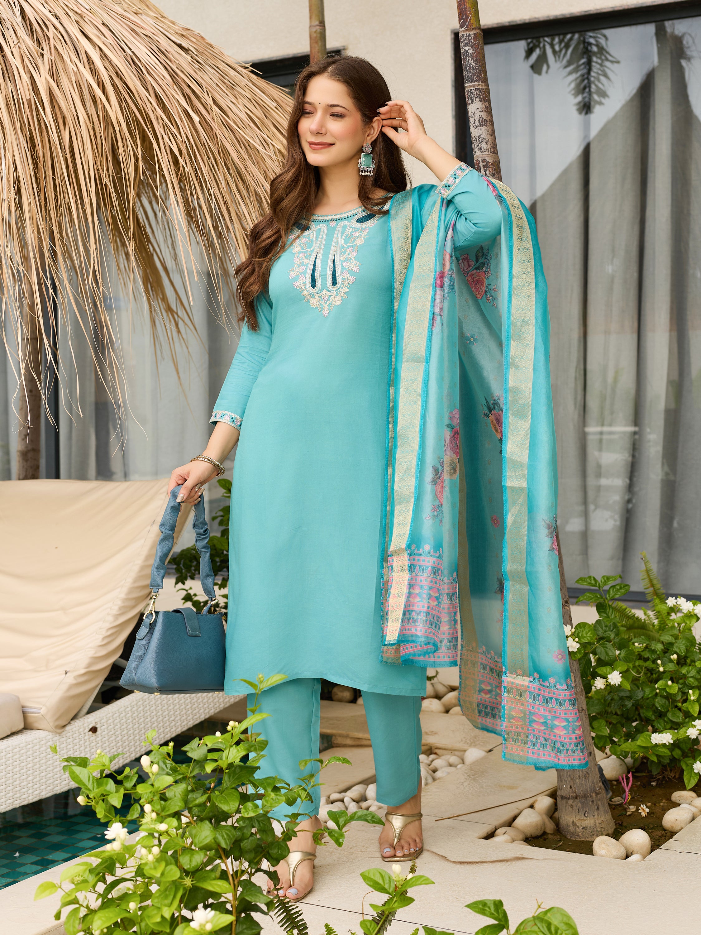 Sky Blue Embroidered Viscose Kurta Set | Organza Dupatta