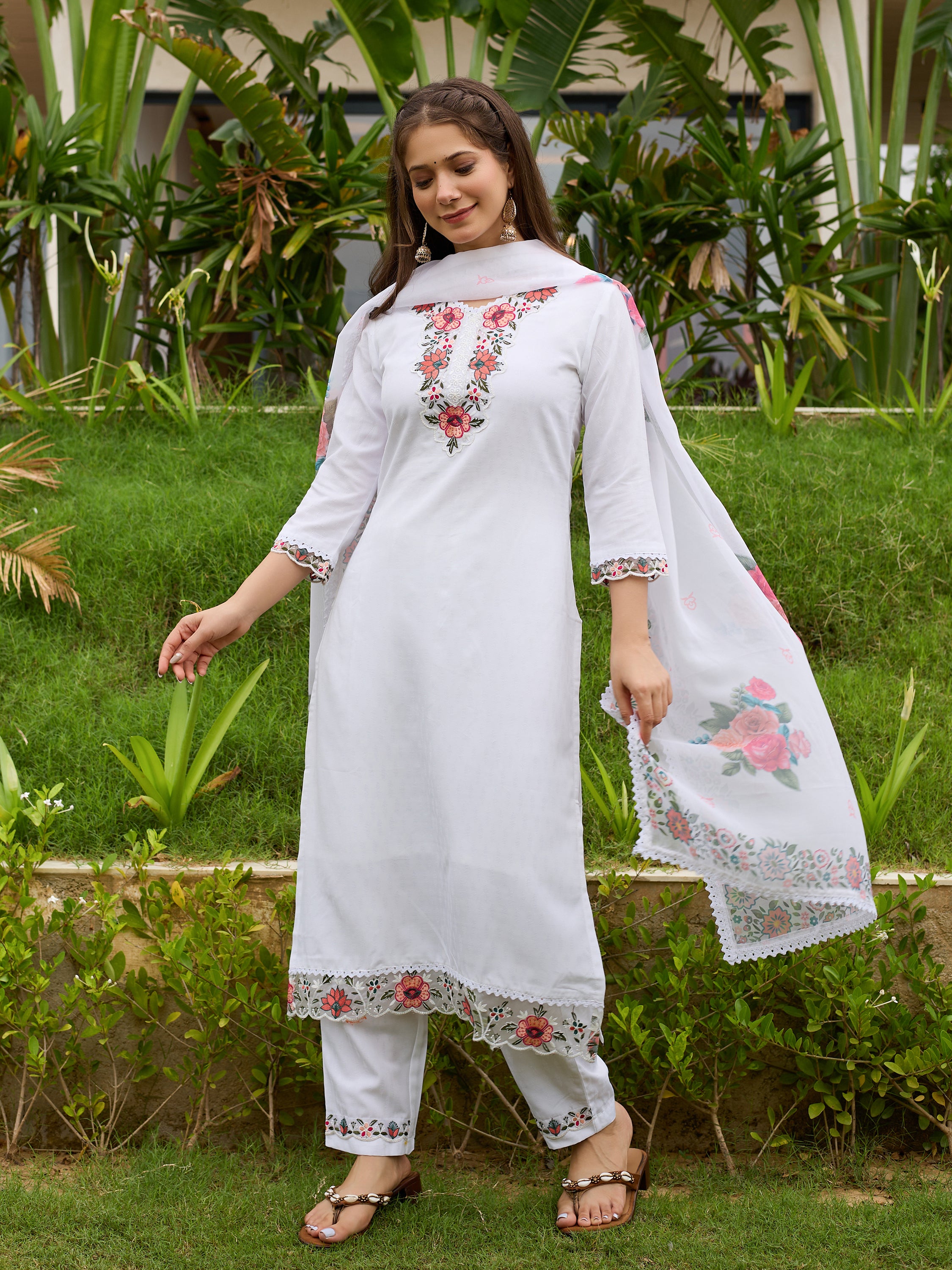White Premium Viscose Cotton Lining Embroidered Kurta Set with Dupatta