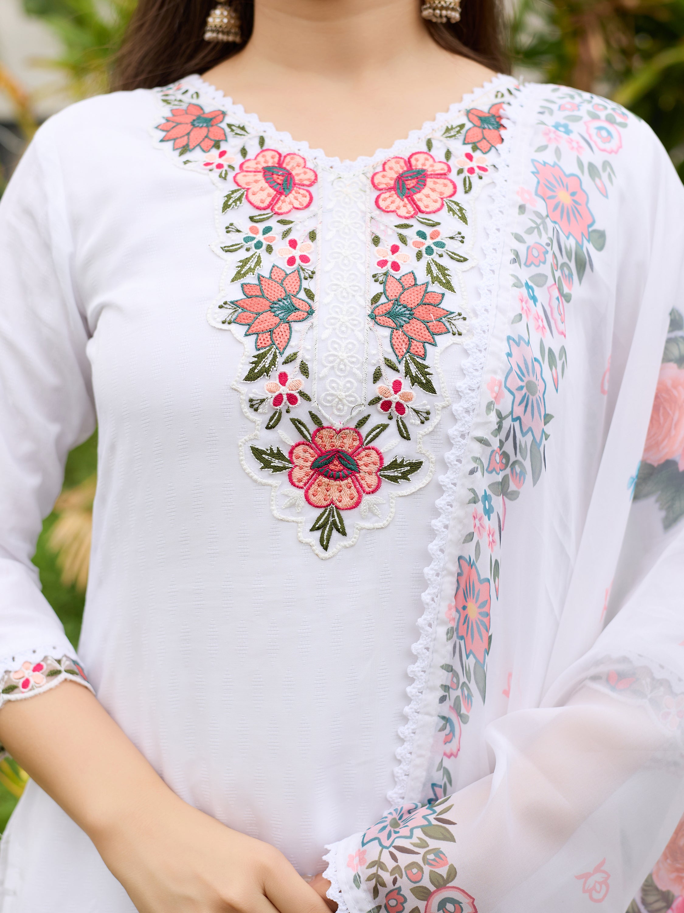 White Premium Viscose Cotton Lining Embroidered Kurta Set with Dupatta